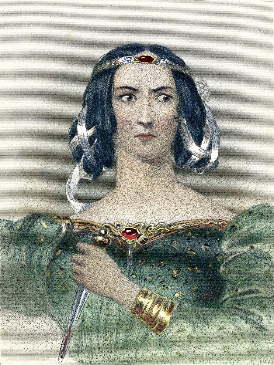 Una mujer con un vestido verde ricamente detallado, adornado con joyas, sostiene una daga con elegancia, mostrando su atuendo real.