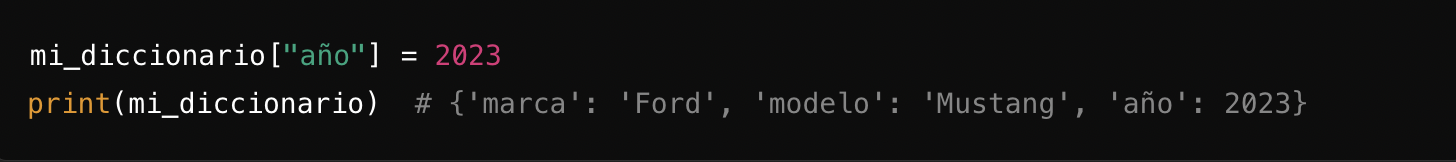 Fragmento de código que muestra un diccionario Python que se actualiza con el año 2023 y se imprime, detallando un Ford Mustang.