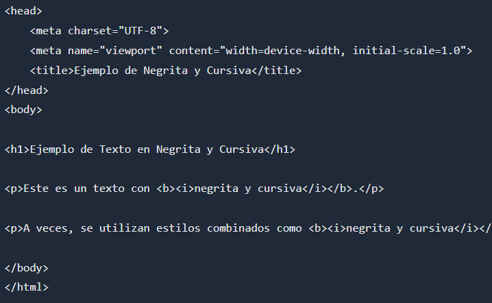 Fragmento de código HTML que demuestra el uso de los estilos de texto negrita y cursiva en una página web titulada «Ejemplo de Negrita y Cursiva».