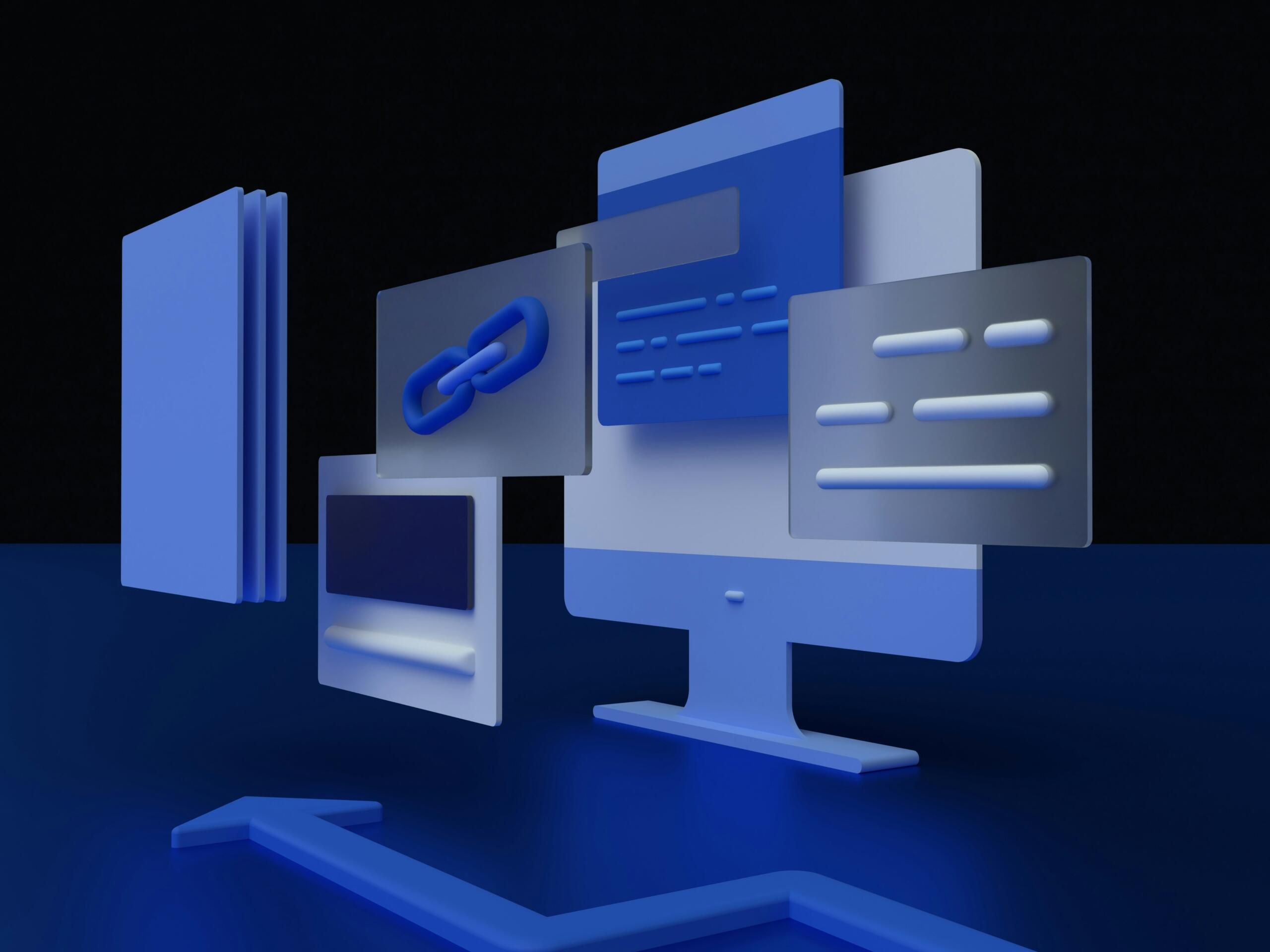 Visual 3D de elementos digitales azules que incluyen un monitor de ordenador, enlaces y paneles de interfaz de usuario sobre un fondo oscuro.