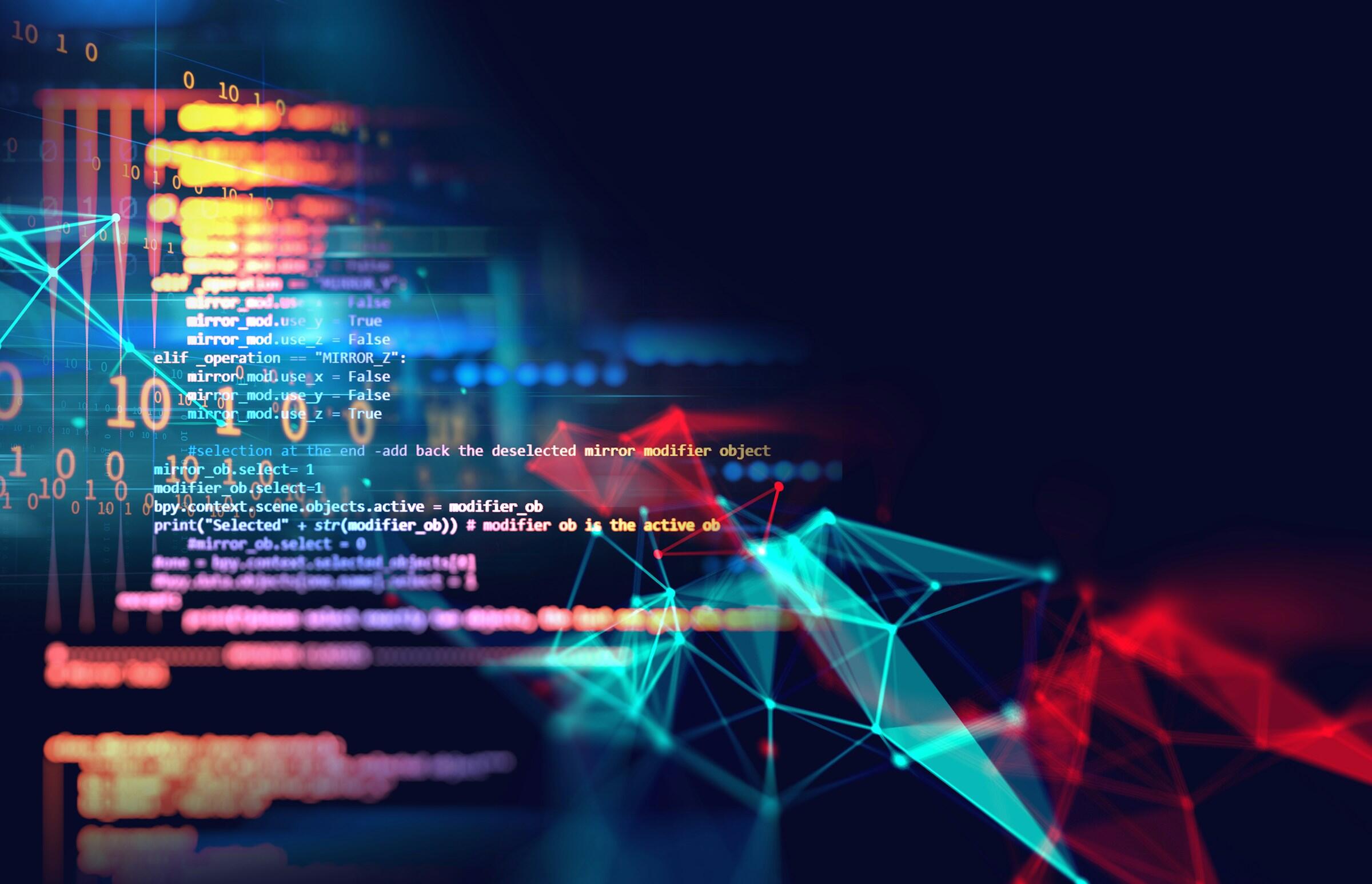Fondo digital abstracto con coloridos fragmentos de código y números binarios que simbolizan la programación y la tecnología.
