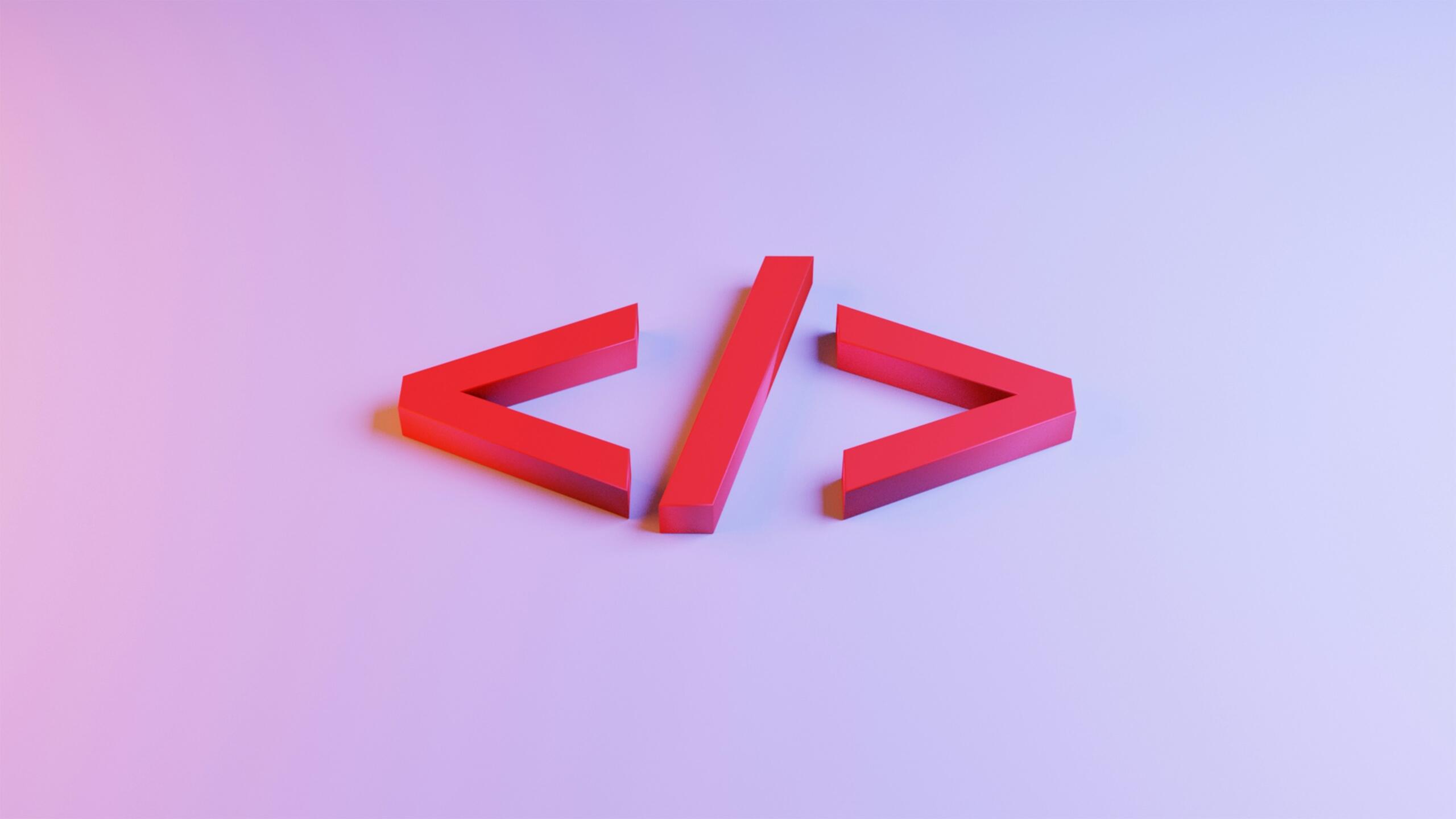 Tres corchetes rojos 3D en ángulo formando un símbolo de codificación, centrados sobre un fondo suave degradado de tonos morados.