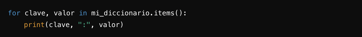 Code snippet displaying a Python loop that iterates through dictionary items and prints each key-value pair with a colon separator.