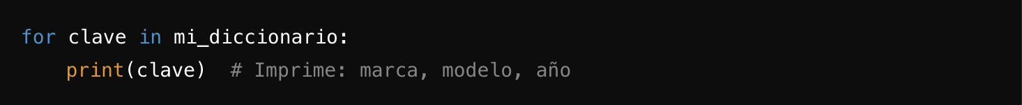 Fragmento de código que muestra un bucle de Python que imprime las claves de un diccionario, con un comentario que indica los valores impresos: marca, modelo, año.