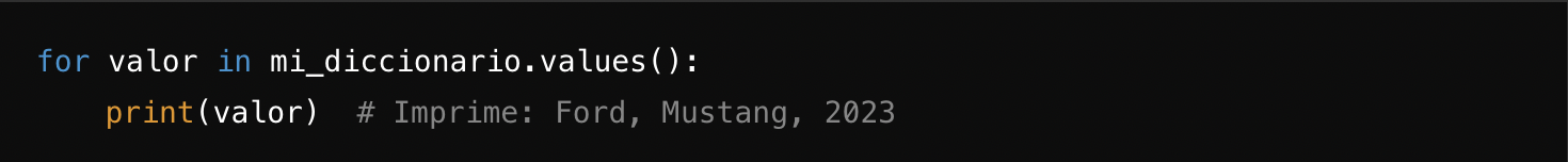 Code snippet showing a for loop iterating through dictionary values, printing details of a Ford Mustang, 2023 model.
