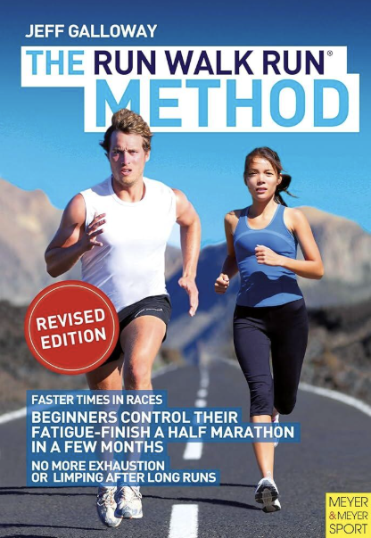 Portada de «The Run Walk Run Method», de Jeff Galloway, en la que aparecen dos corredores en una carretera pintoresca, promocionando técnicas de carrera para principiantes.