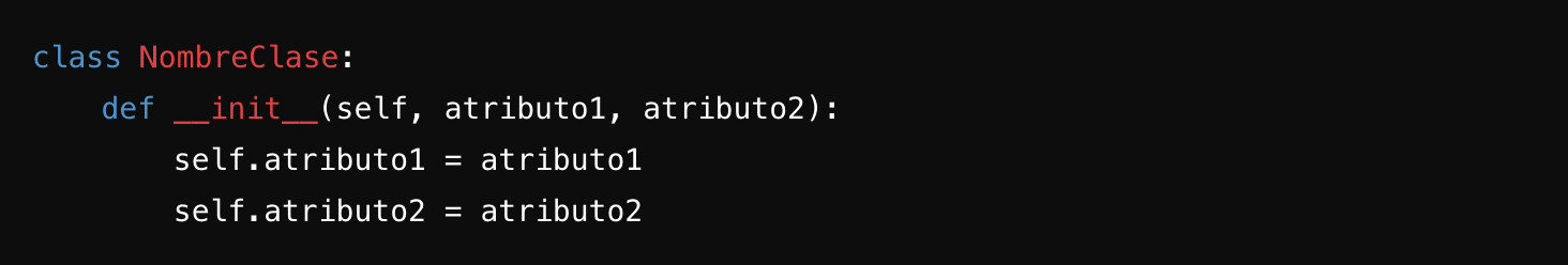 Fragmento de código Python que define una clase con un método __init__ que inicializa dos atributos: atributo1 y atributo2.
