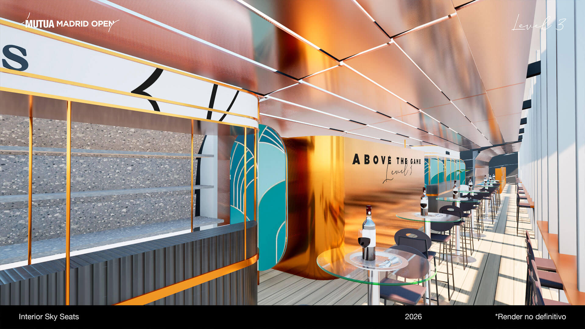 Elegante zona de descanso interior con un diseño moderno en el Mutua Madrid Open. Colores vivos, mobiliario elegante y un ambiente acogedor y contemporáneo.