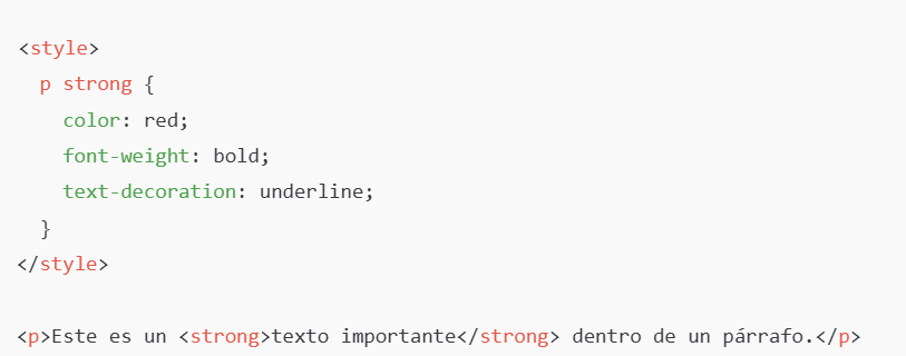 Fragmento de código que muestra las reglas de estilo CSS para el texto en negrita, rojo y subrayado dentro de un párrafo en español.
