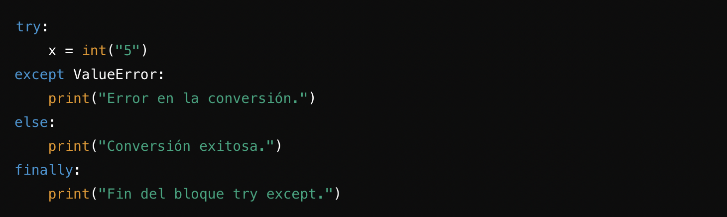 Fragmento de código que muestra un bloque try-except de Python para manejar la conversión de enteros con mensajes de éxito y error en español.