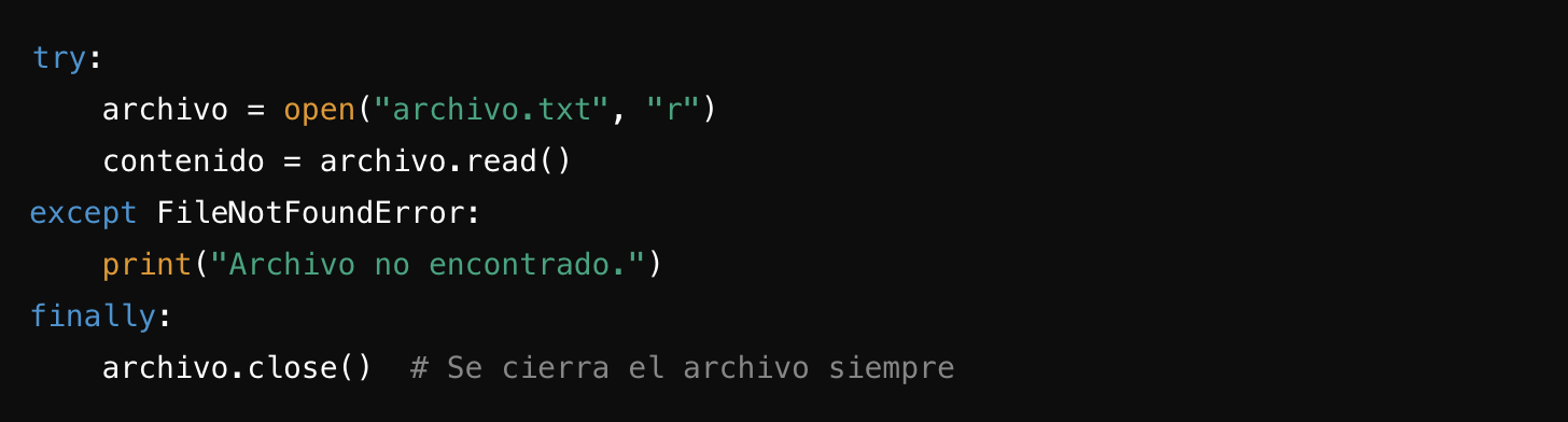 Fragmento de código que demuestra el manejo de archivos en Python con try-except para la gestión de errores y una cláusula finally para asegurar el cierre del archivo.