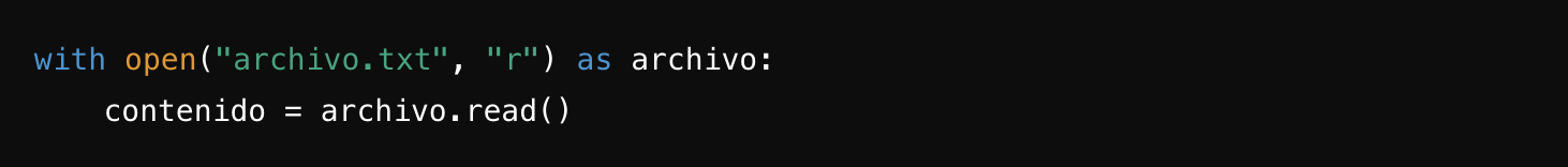 Fragmento de código Python para abrir y leer un archivo de texto llamado «archivo.txt». Sintaxis resaltada sobre fondo oscuro.