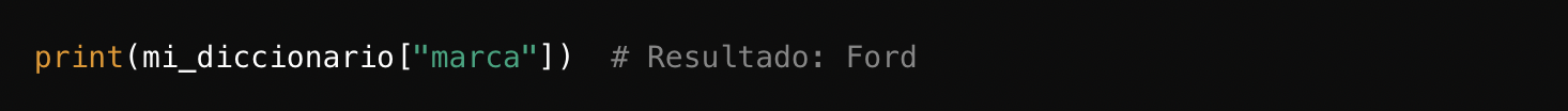 Fragmento de código que muestra una función de impresión de Python que accede a un diccionario para recuperar y mostrar el valor asociado a la clave «marca».