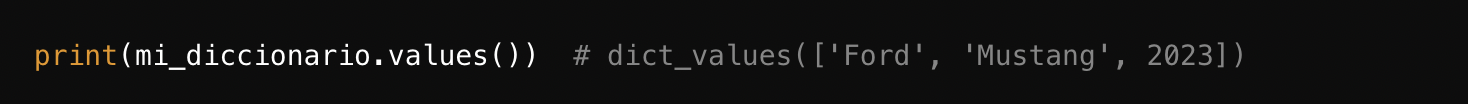 Fragmento de código que muestra una sentencia print de Python que llama a los valores de un diccionario que contiene detalles de un coche: Ford Mustang, 2023.