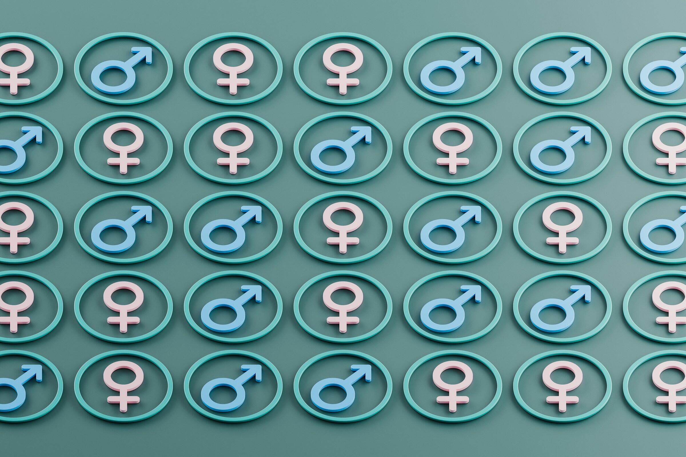 Una disposición estampada de símbolos de género masculino azul y femenino rosa dentro de marcos circulares sobre un fondo verde azulado.