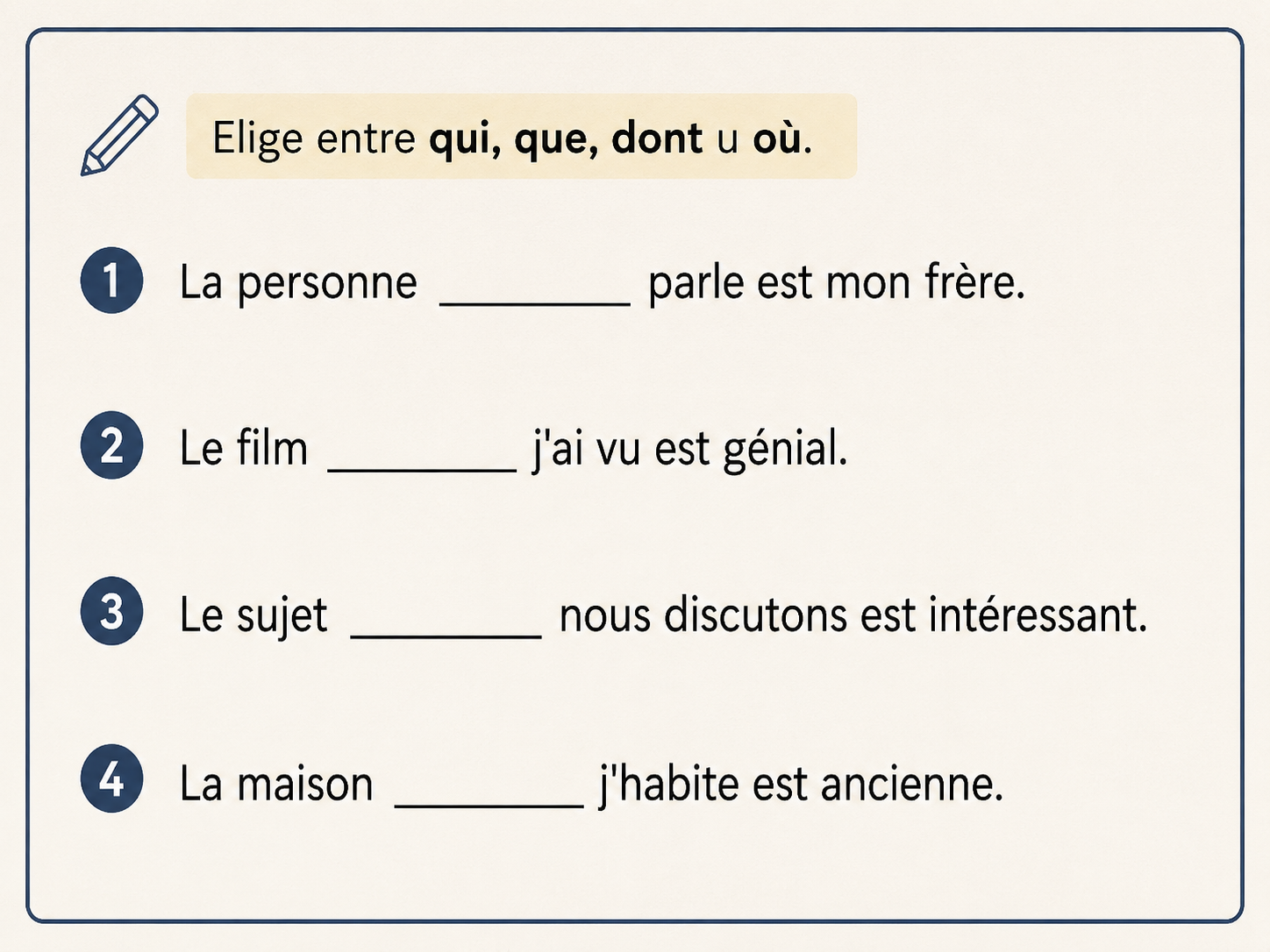 Un ejercicio de francés con cuatro frases. Cada frase tiene un espacio en blanco que hay que rellenar con «qui», «que», «dont» u «où». Las instrucciones aparecen resaltadas en la parte superior.