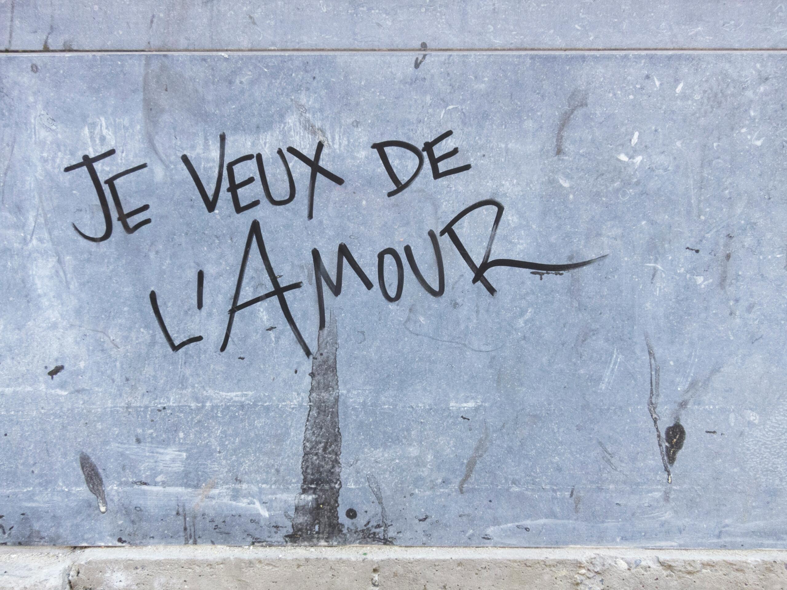 Un grafiti en una pared gris texturizada reza «Je veux de l'Amour», expresando el deseo de amor con una letra artística y atrevida.