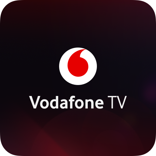 Logotipo de Vodafone TV con texto en blanco y un icono circular rojo sobre un fondo oscuro con degradado, que transmite la imagen de una marca de entretenimiento digital elegante y moderna.