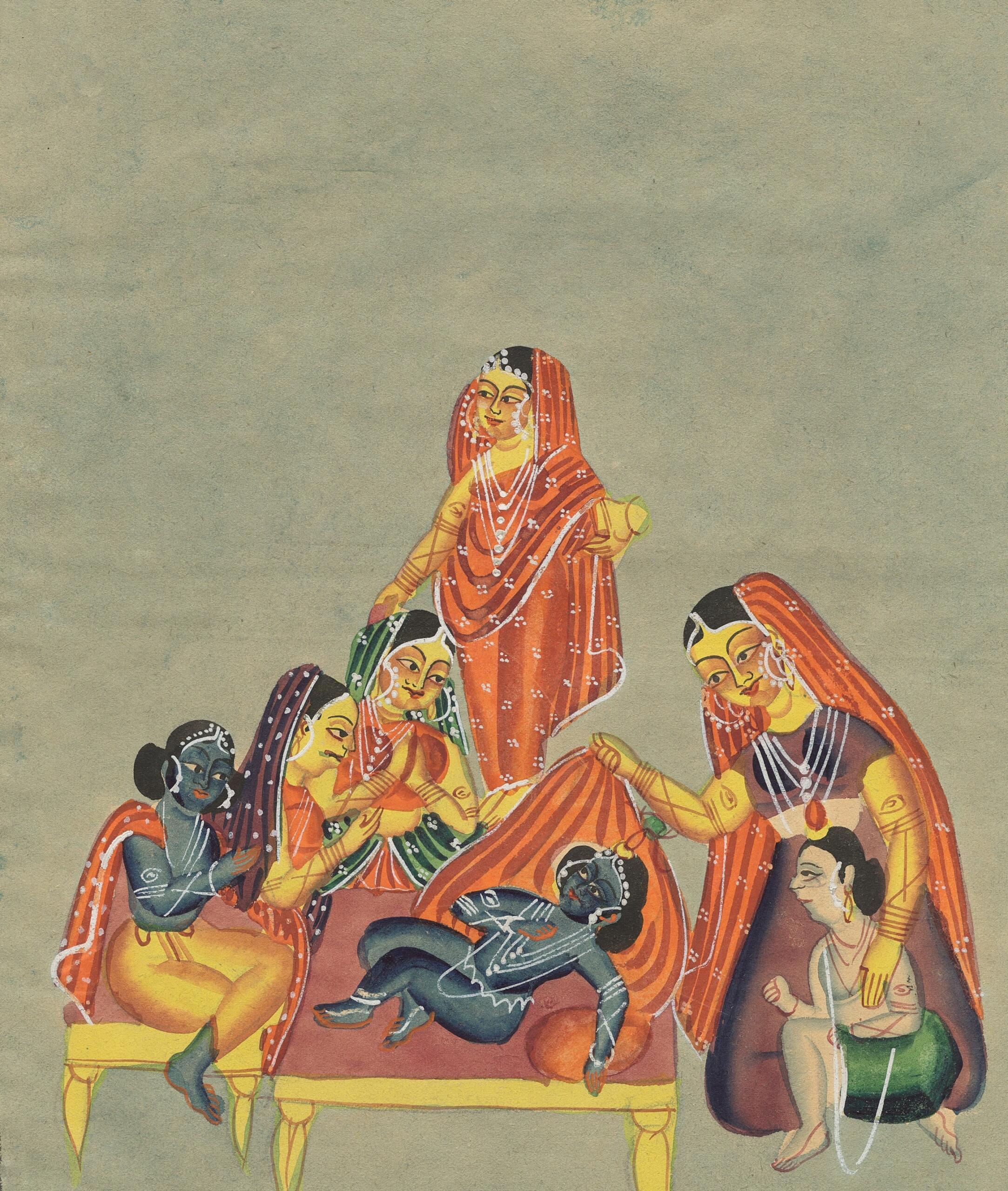 Una vibrante pintura india que representa a mujeres ataviadas con atuendos tradicionales reunidas en torno a una figura reclinada en un sofá.