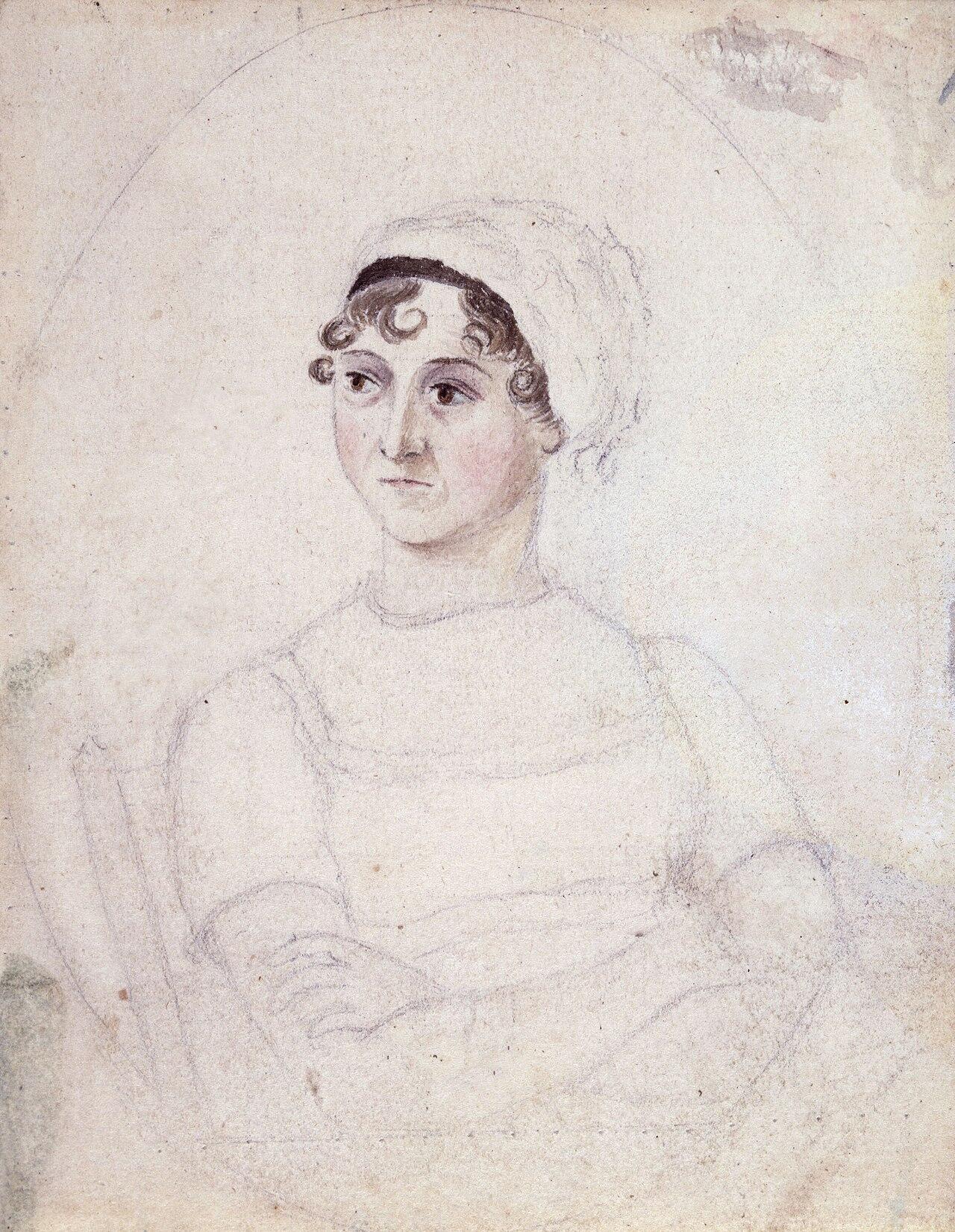 Dibujo de Jane Austen con un sombrero blanco, sonriendo y mirando hacia un lado.
