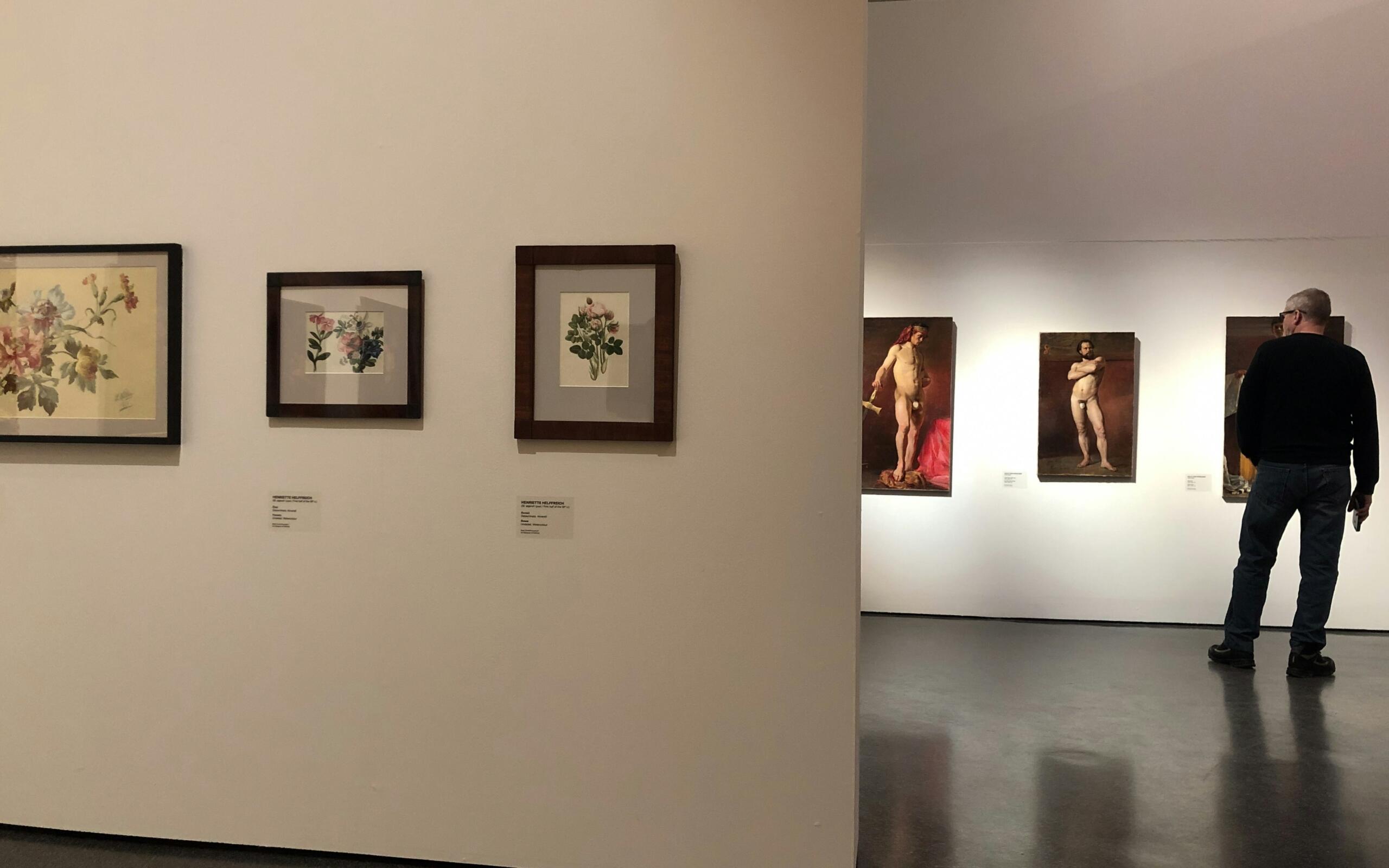 Un hombre observa retratos florales y desnudos enmarcados en una galería de arte, que exhibe diversas obras en paredes pintadas.