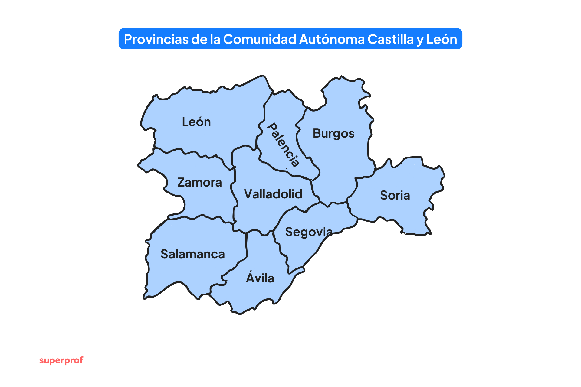 Mapa de las provincias de Castilla y León, España, en el que se muestran León, Zamora, Salamanca, Valladolid, Palencia, Burgos, Segovia, Soria y Ávila.