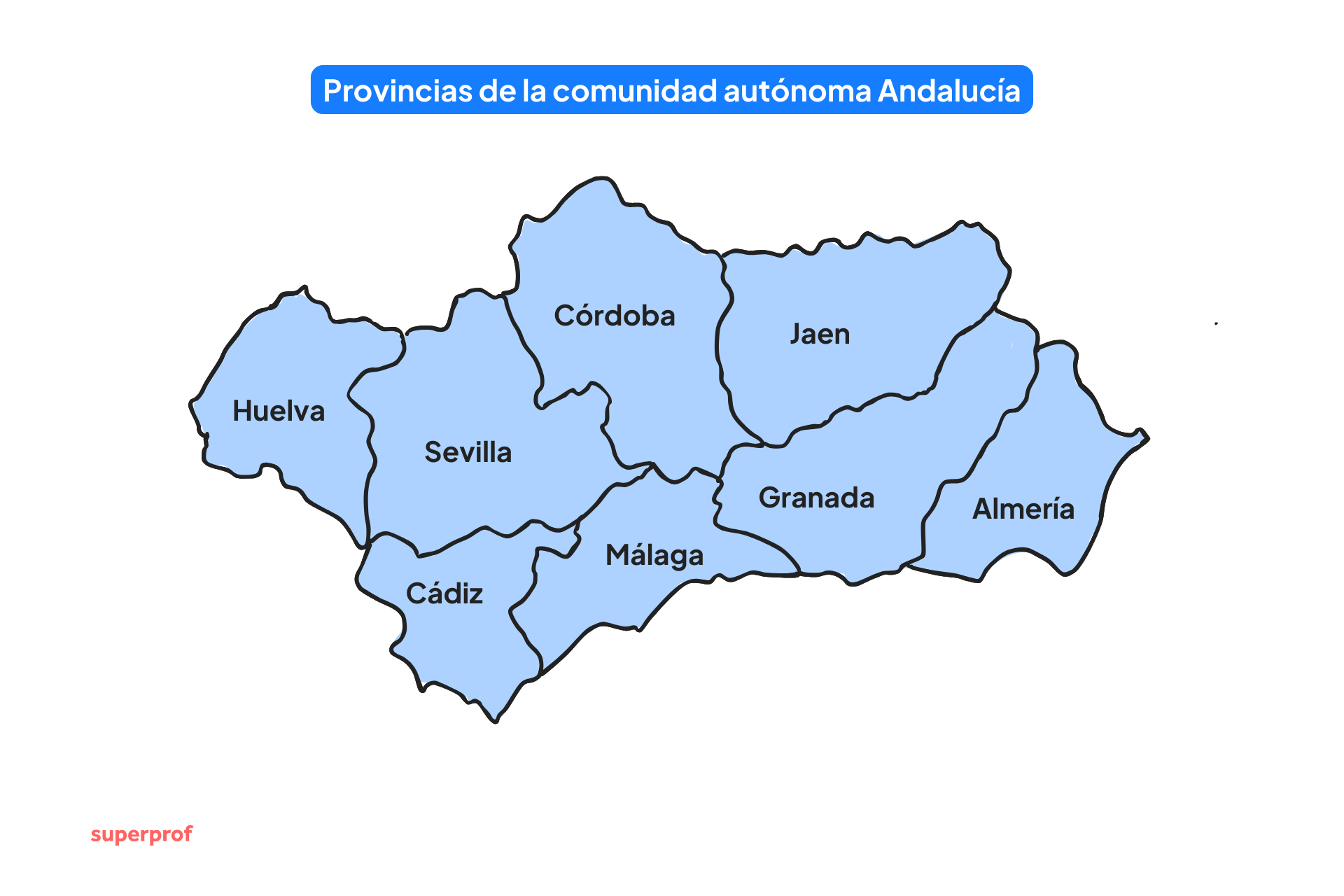 Mapa de Andalucía, destacando sus ocho provincias: Huelva, Sevilla, Córdoba, Jaén, Granada, Almería, Málaga y Cádiz.