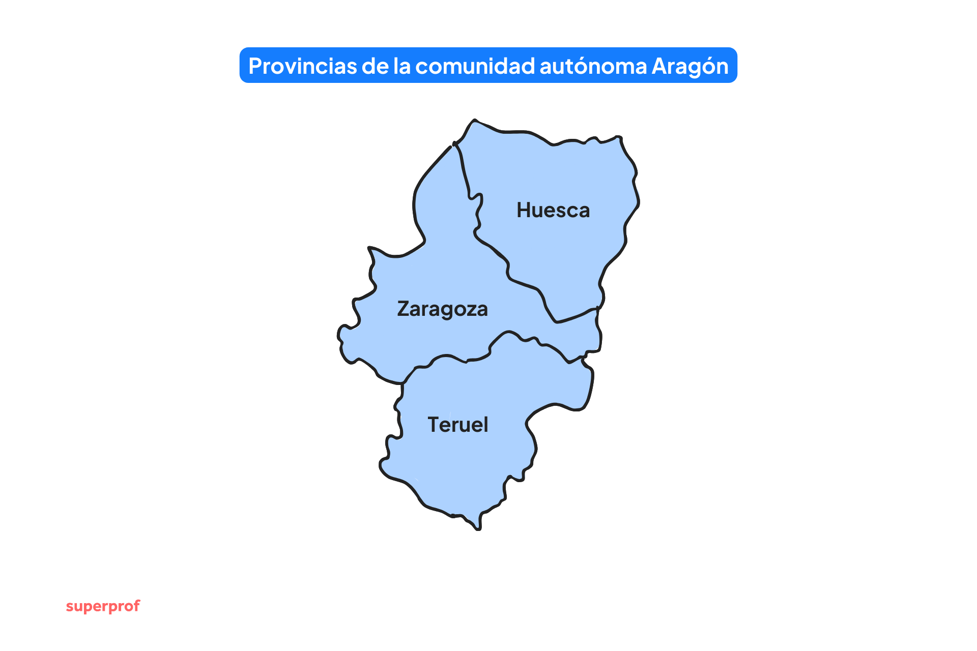 Mapa de Aragón con sus tres provincias: Huesca, Zaragoza y Teruel, señaladas en azul sobre fondo blanco.