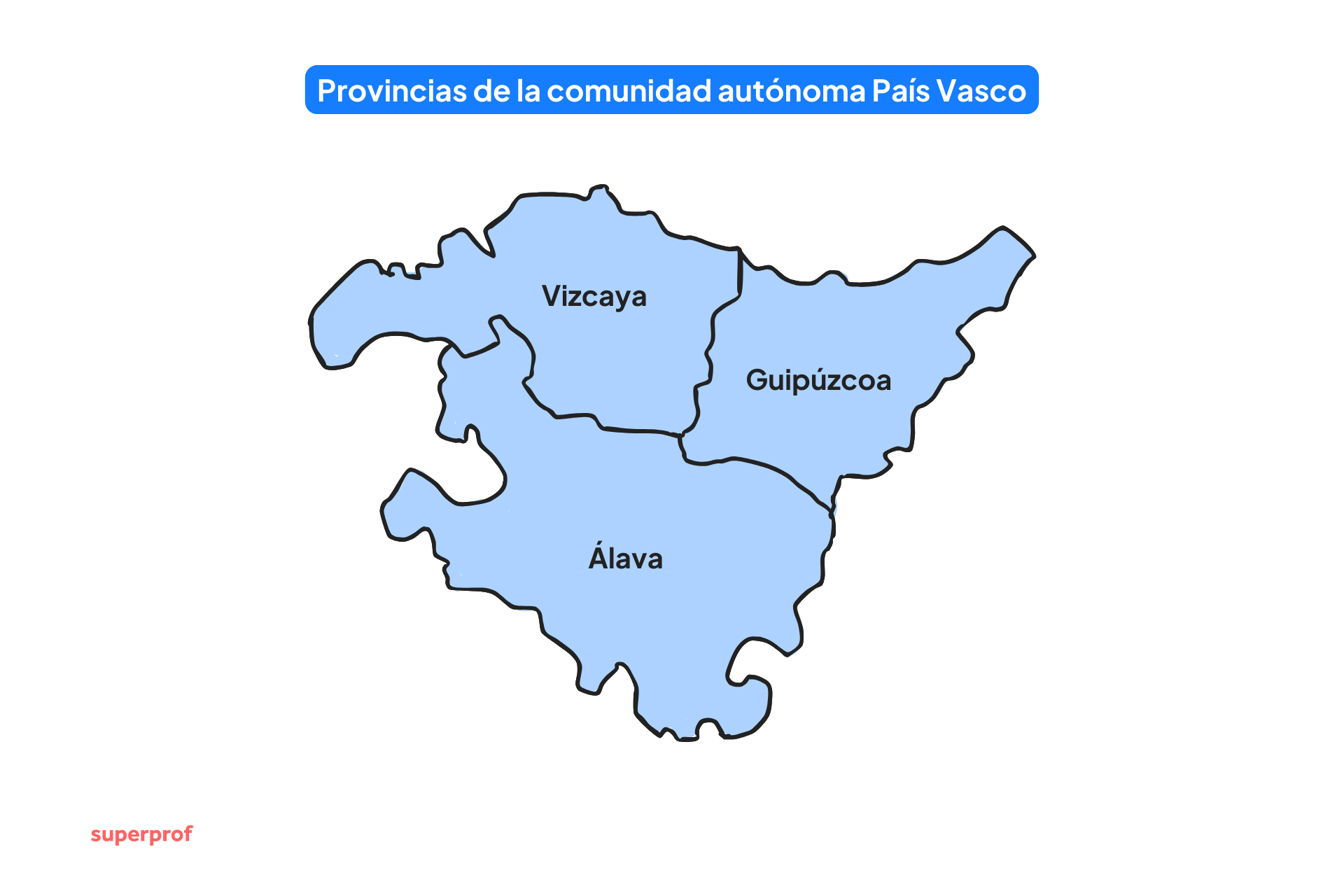 Mapa del País Vasco, en el que se destacan sus tres provincias: Vizcaya, Guipúzcoa y Álava, en azul claro con contornos negros.