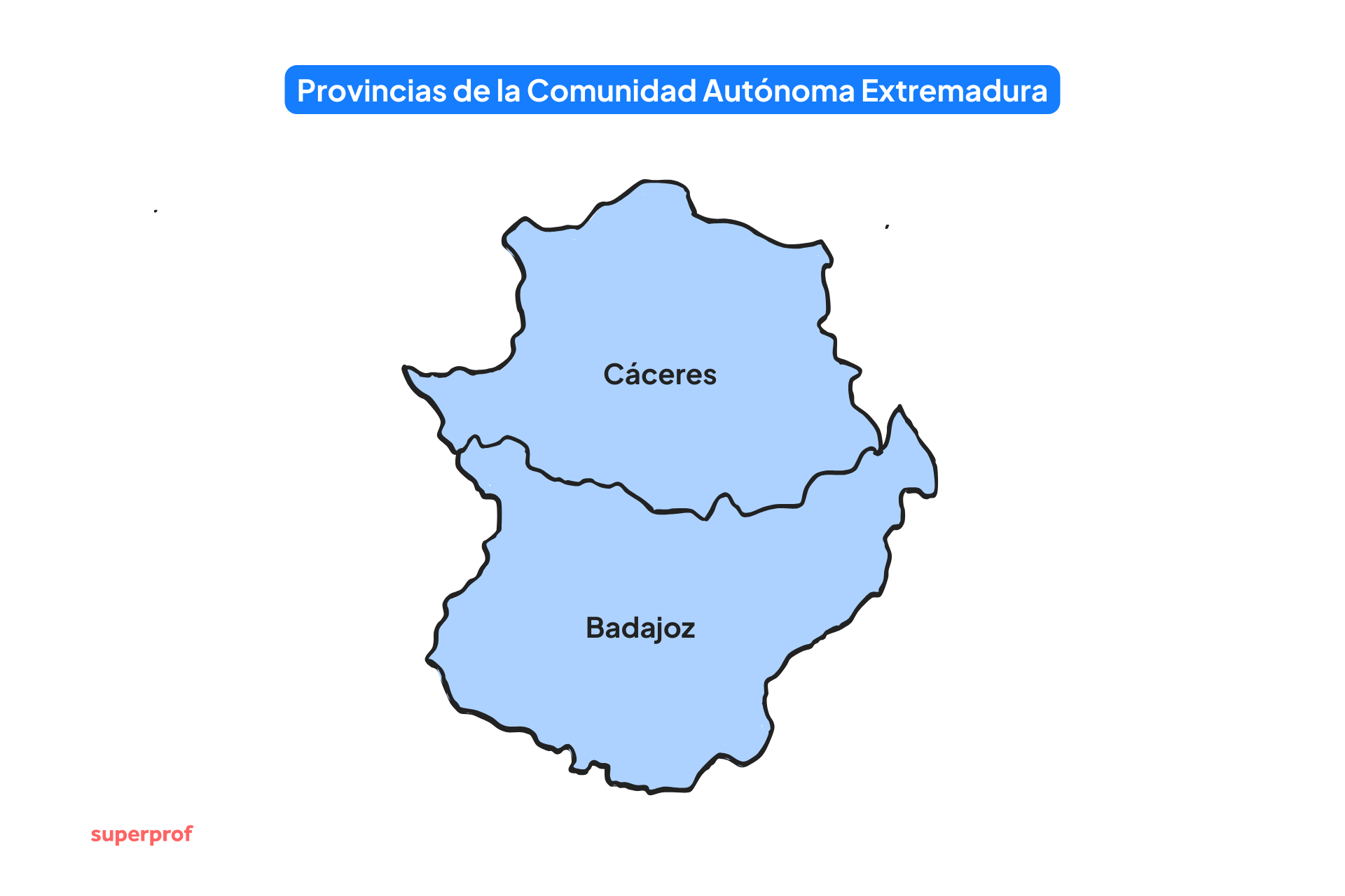 Mapa de las provincias de Extremadura, España.