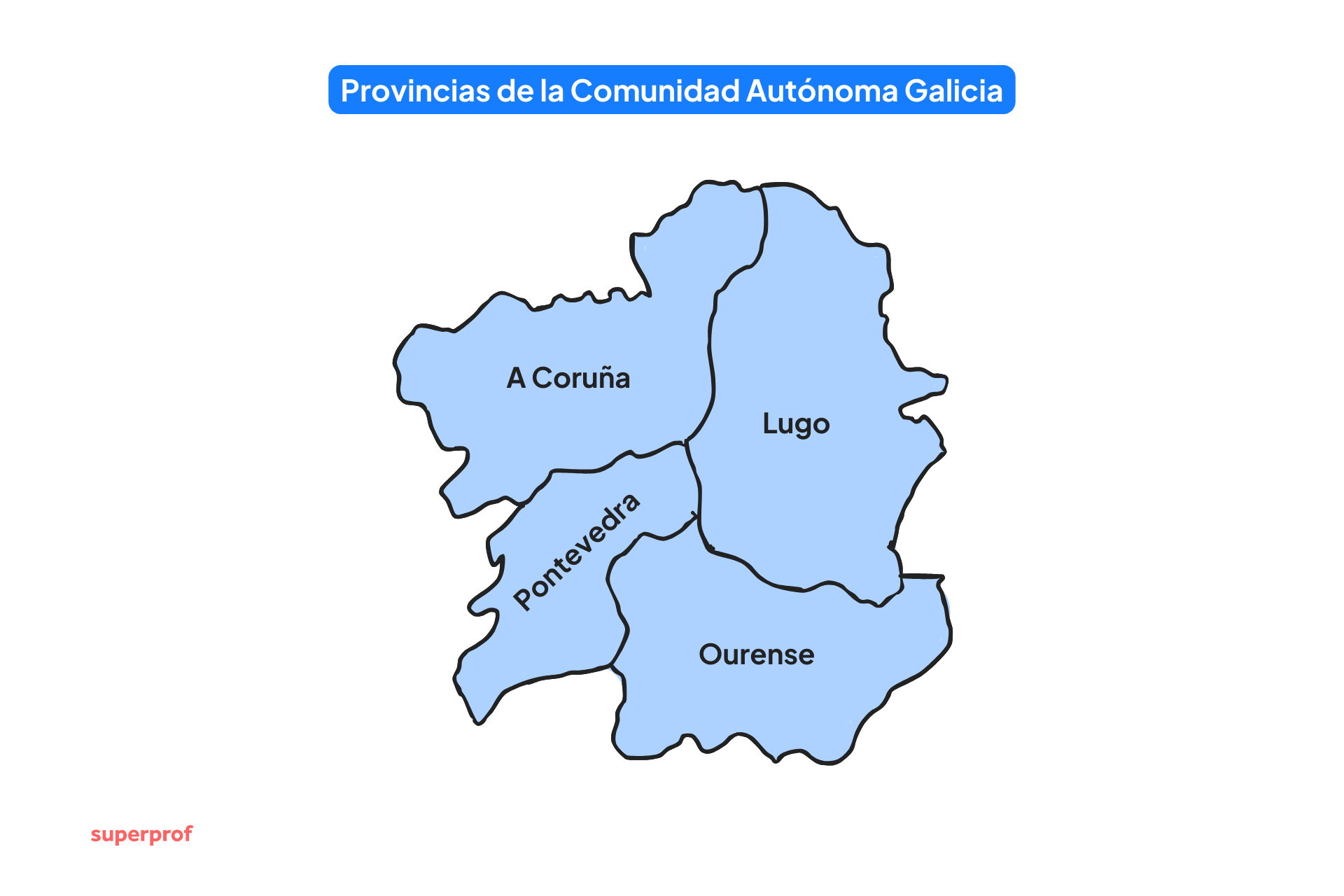 Mapa de las provincias de Galicia, España.