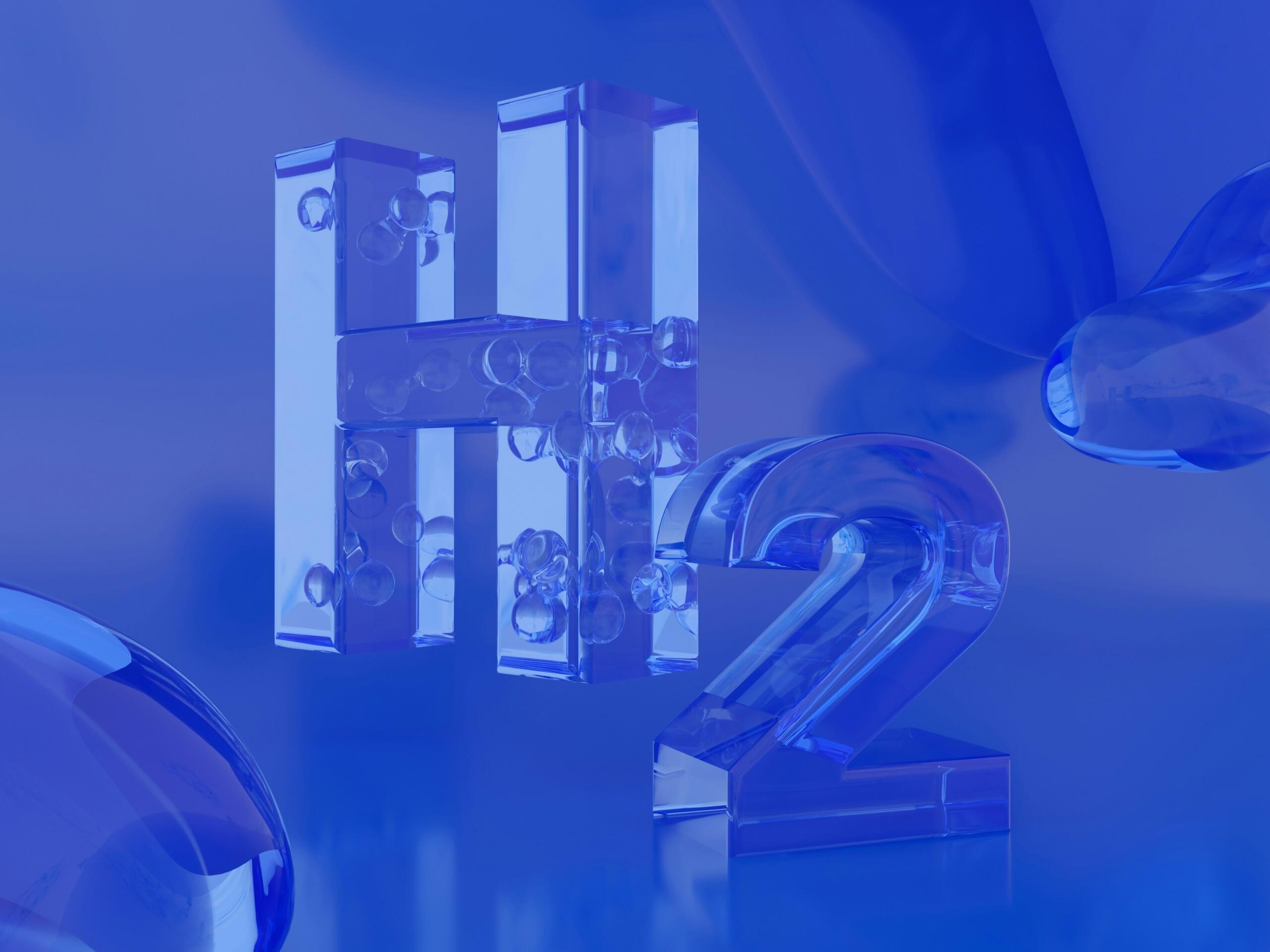 Una representación tridimensional del símbolo químico del hidrógeno (H2) en azul translúcido, rodeado de burbujas y un fondo azul suave.