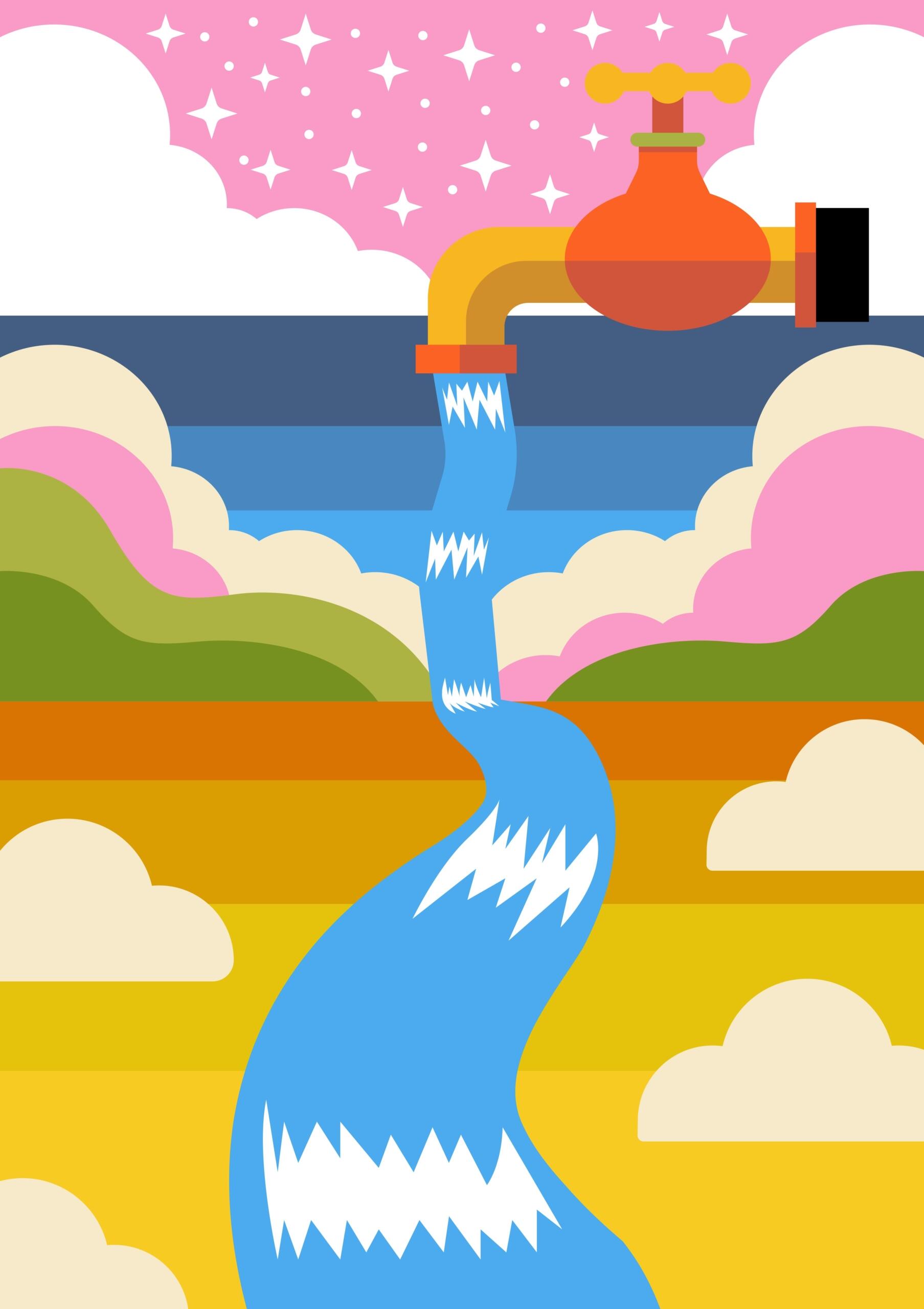 Una colorida ilustración de un grifo que vierte agua azul por un sinuoso río, rodeado de vibrantes paisajes y nubes esponjosas.