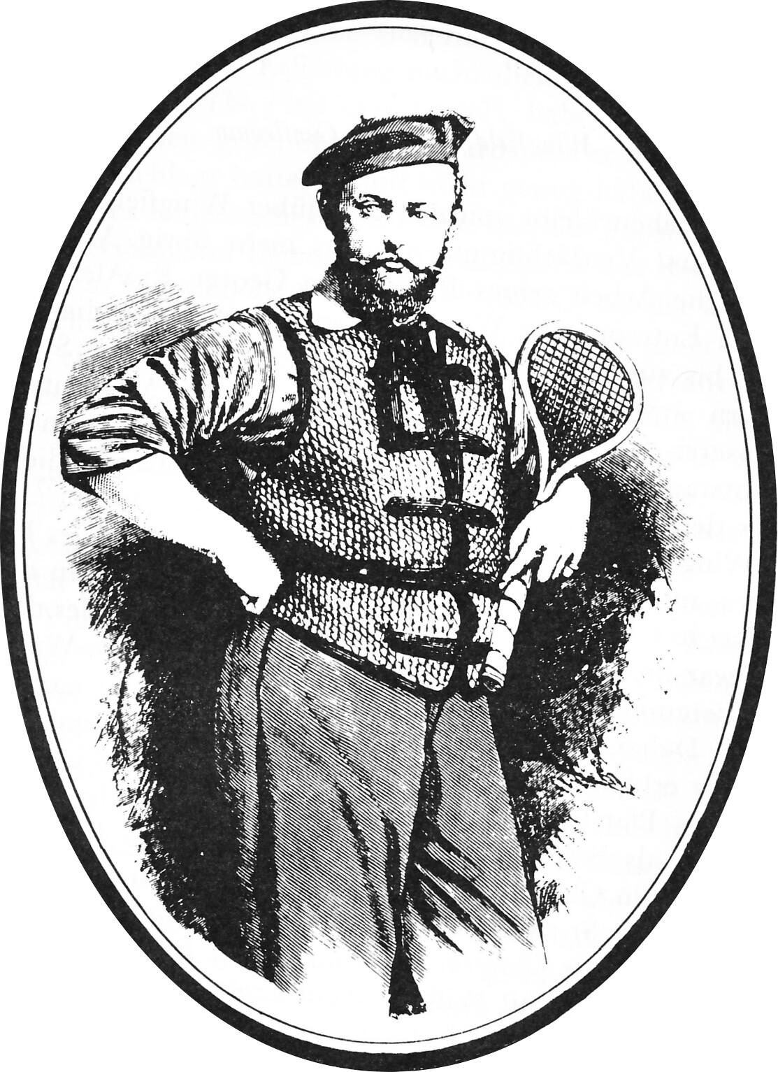 Dibujo en blanco y negro de un hombre sosteniendo una raqueta de tenis.