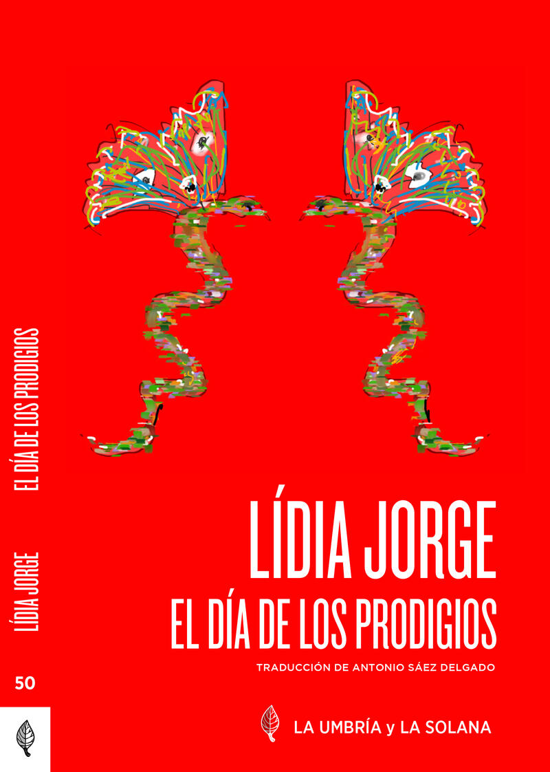 Portada del libro «El Día de los Prodigios», de Lídia Jorge, con motivos abstractos vibrantes sobre un fondo rojo.