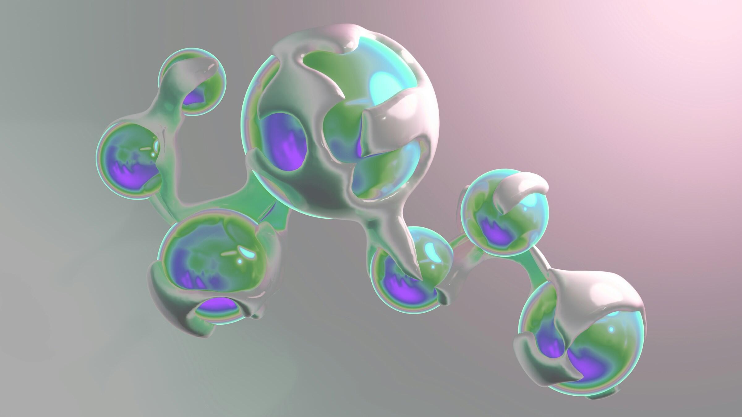 Estructura molecular abstracta en 3D con colores iridiscentes, compuesta por esferas verdes, azules y moradas interconectadas con superficies lisas.
