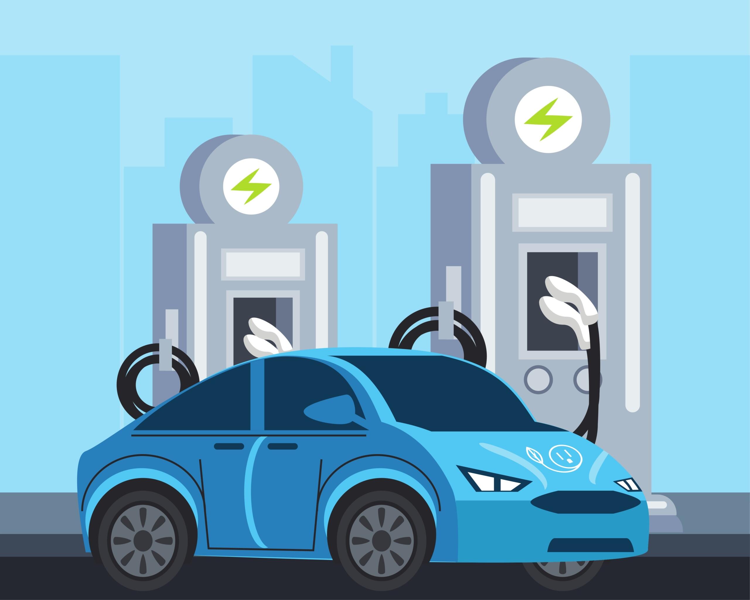 Un coche eléctrico azul con cables de carga conectados, aparcado cerca de dos estaciones de carga en un paisaje urbano de fondo.