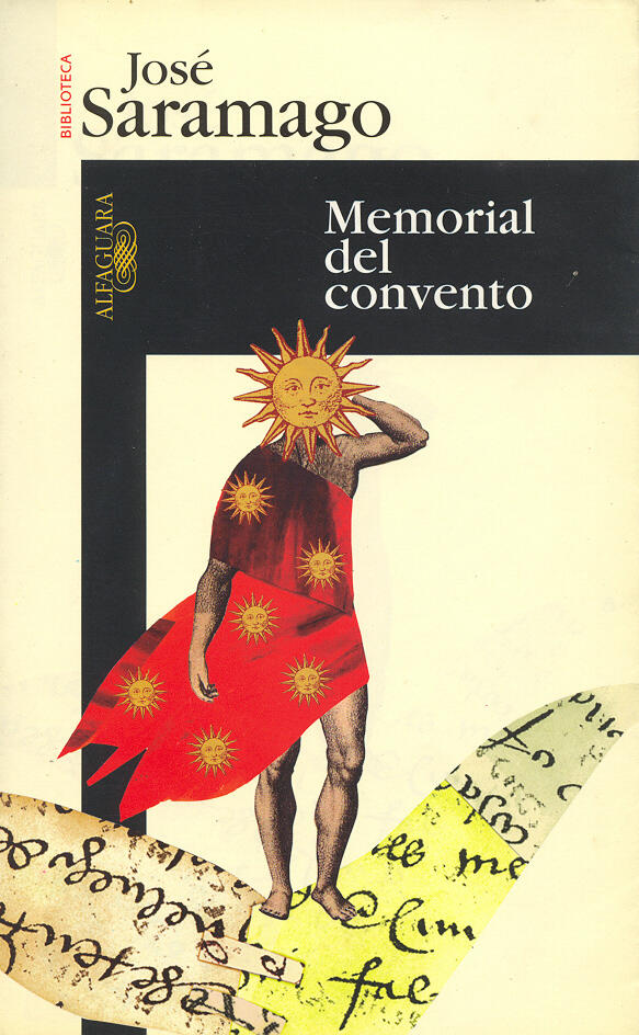 Portada del libro «Memorial del convento», de José Saramago, con una ilustración surrealista de una figura adornada con soles y elementos abstractos.