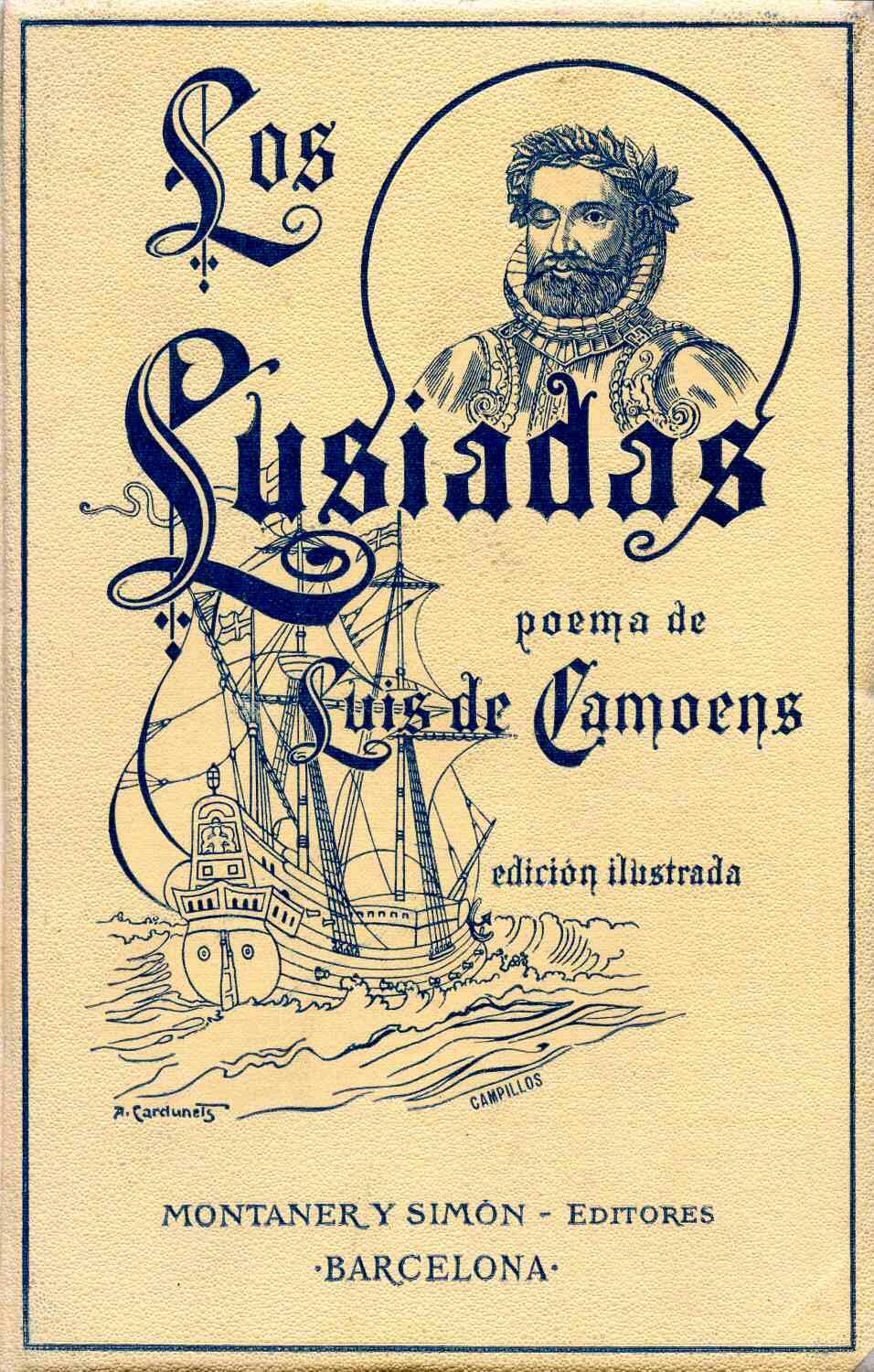 Portada de «Los Lusiadas» con letras intrincadas, una ilustración de un barco y los datos del editor en la parte inferior.