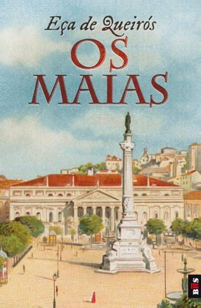 Portada de «Os Maias», de Eça de Queirós, en la que aparece una plaza histórica con un monumento, árboles y arquitectura clásica al fondo.