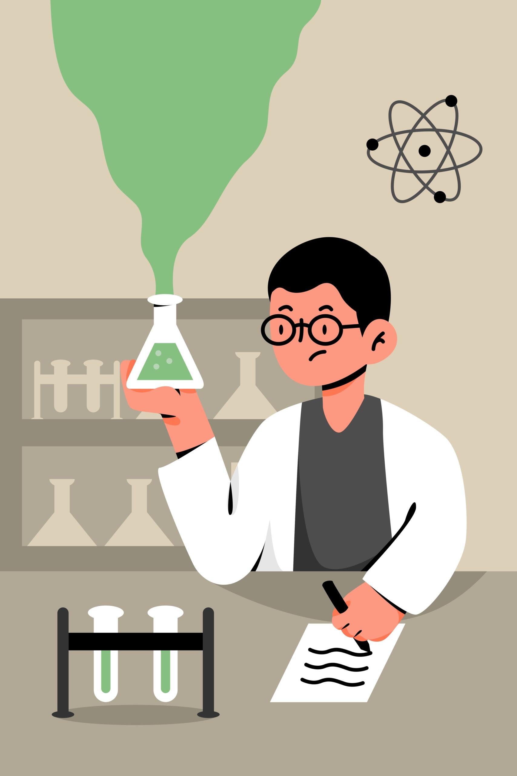 Un científico con bata de laboratorio sostiene un matraz que emite humo verde mientras toma notas. Hay tubos de ensayo sobre la mesa.