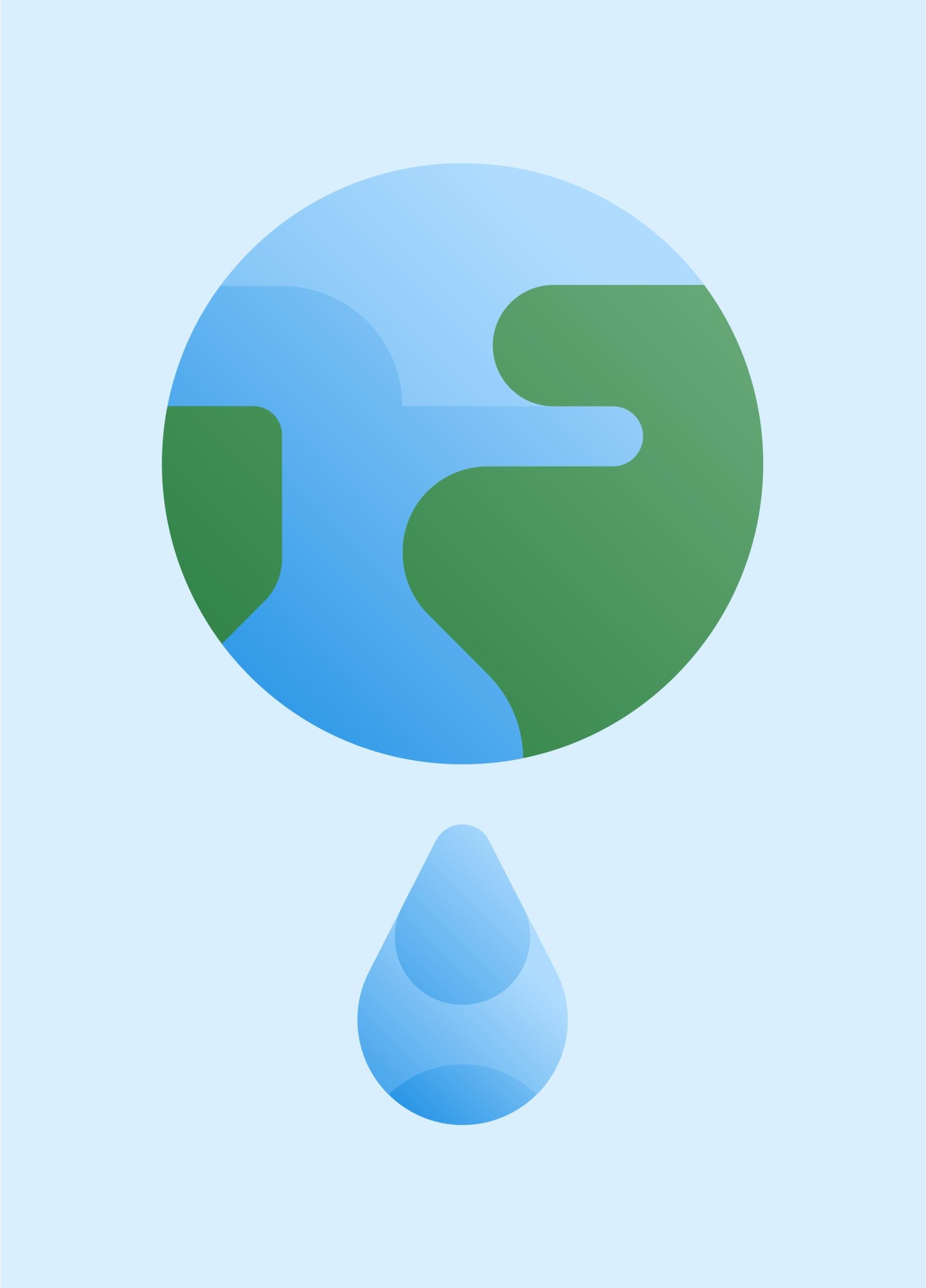 Una ilustración estilizada de la Tierra con una gota de agua debajo, que simboliza la conexión entre el planeta y los recursos hídricos.