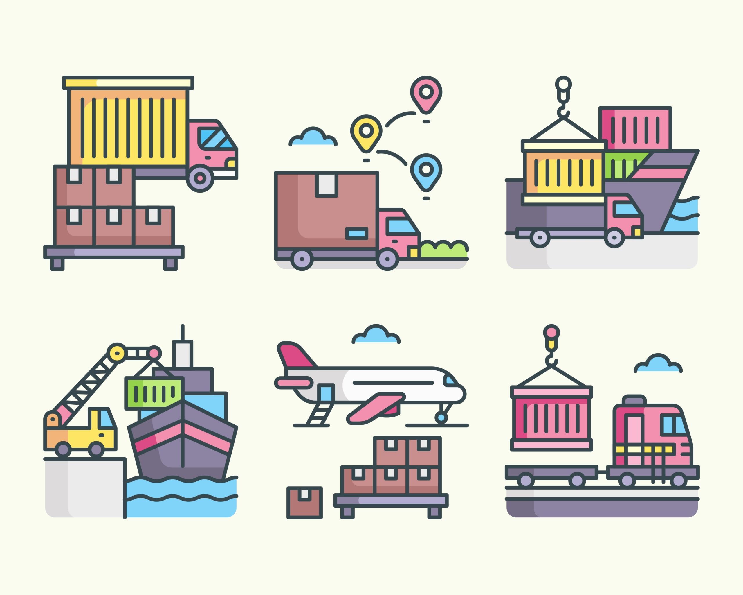 Ilustración de métodos logísticos: carga de camiones, transporte marítimo, transporte aéreo y transporte ferroviario, con contenedores de carga de colores.