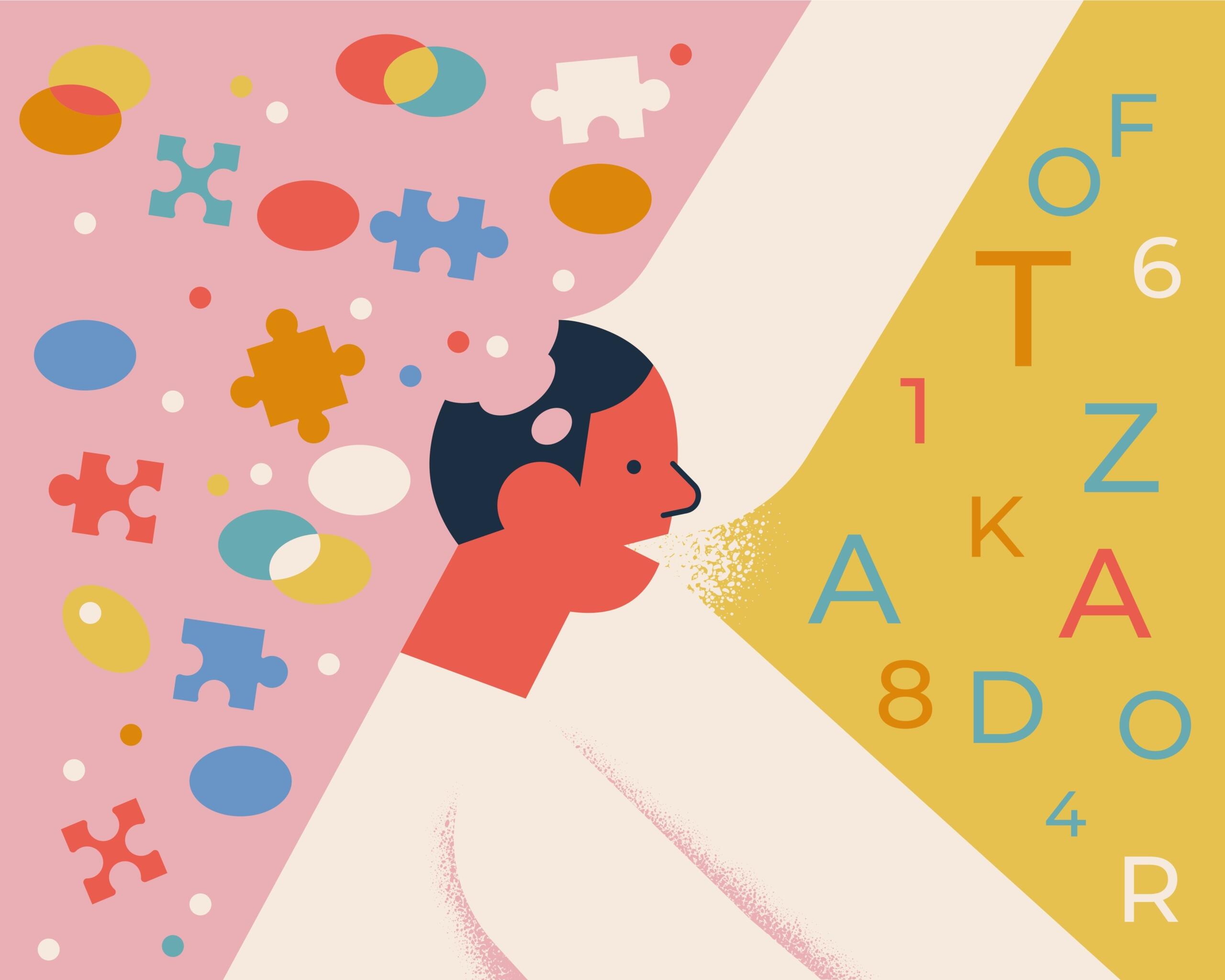 A colorful illustration of a person exhaling shapes and letters, surrounded by puzzle pieces and abstract forms in vibrant colors.
