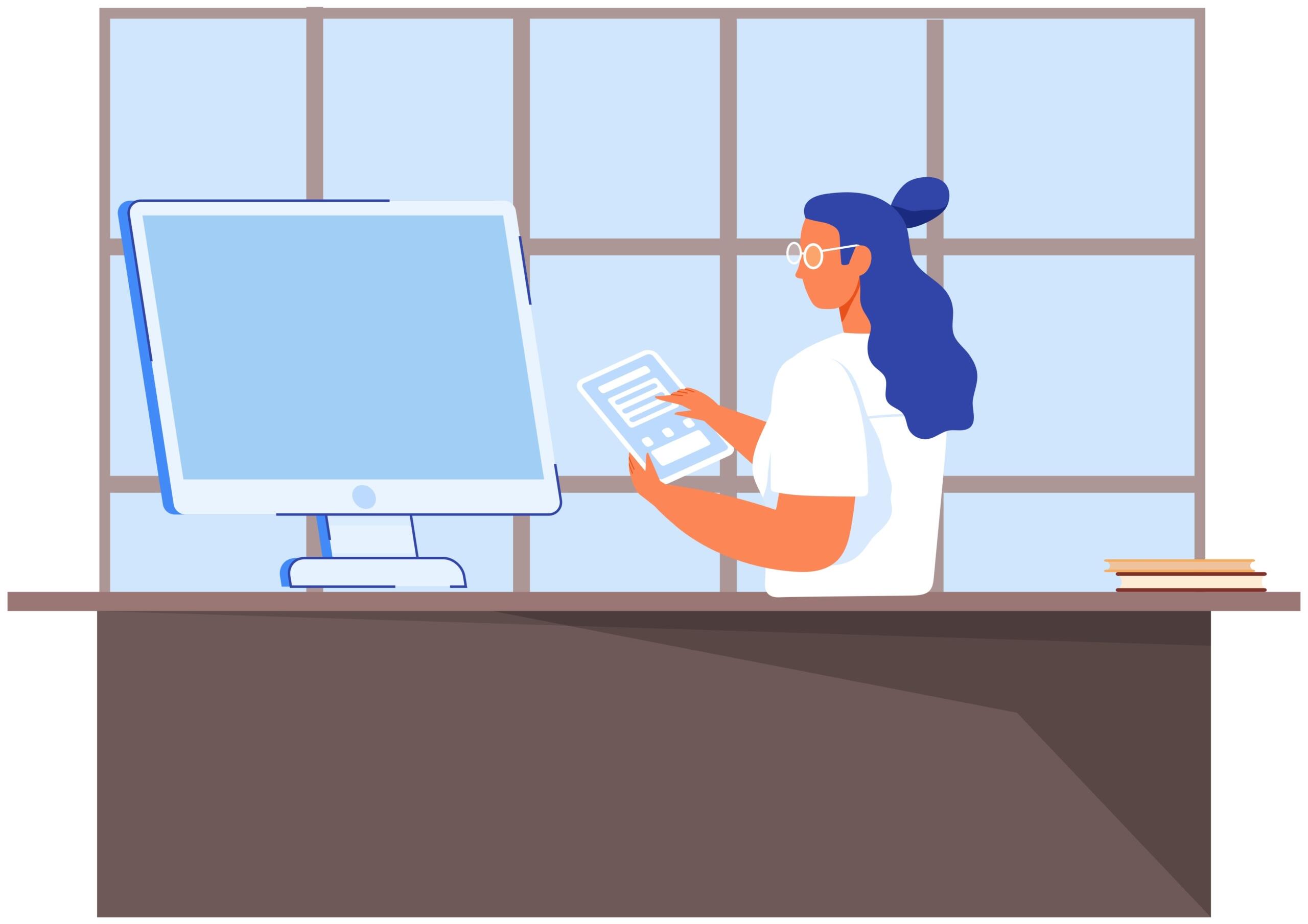 Una mujer con el pelo azul está trabajando en un escritorio, sosteniendo una tableta y mirando una computadora, con libros apilados cerca.