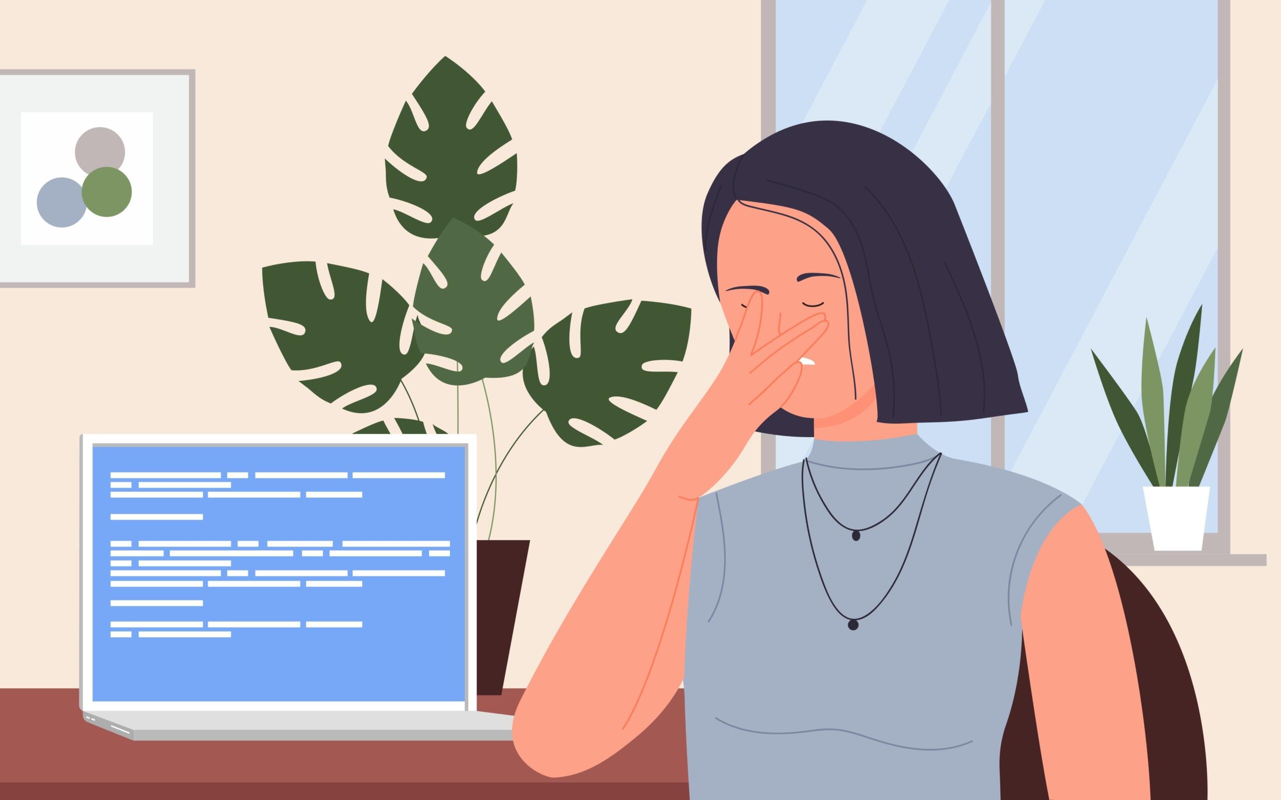 Una mujer con el pelo corto está sentada en un escritorio, frustrada, cubriéndose la cara mientras mira una computadora portátil que muestra un código. Hay plantas verdes cerca.