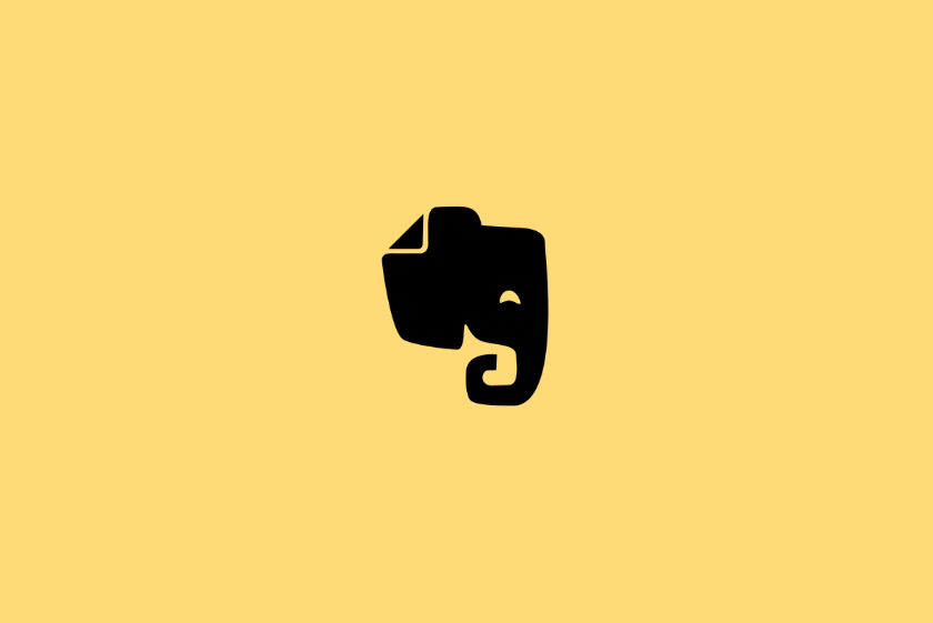 Logotipo de un elefante negro con un icono de papel doblado sobre un fondo amarillo brillante, que representa la aplicación de productividad Evernote.