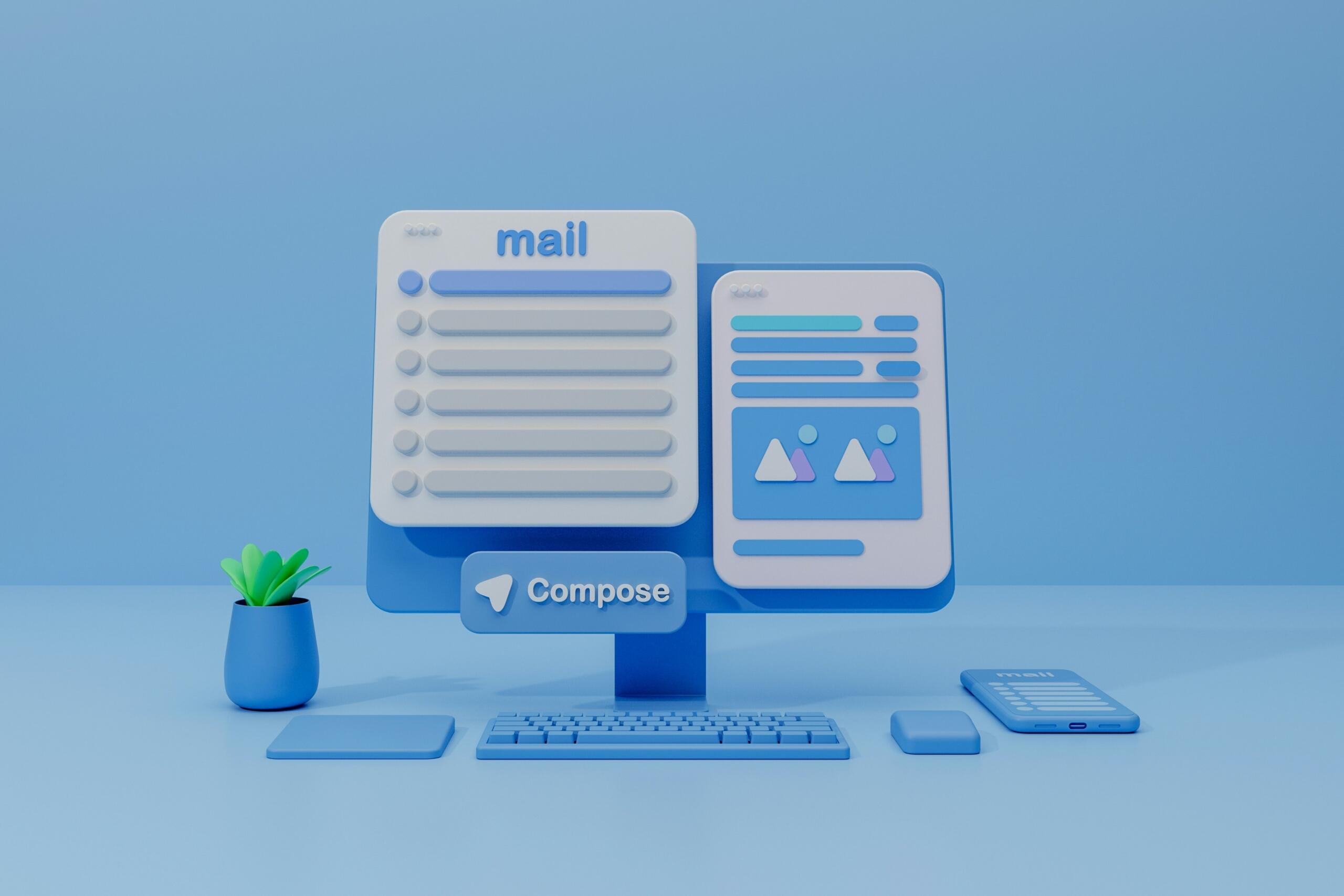 Un espacio de trabajo digital con temática azul muestra una pantalla de ordenador con una interfaz de correo electrónico y un botón «Redactar», junto a una planta y un teléfono.