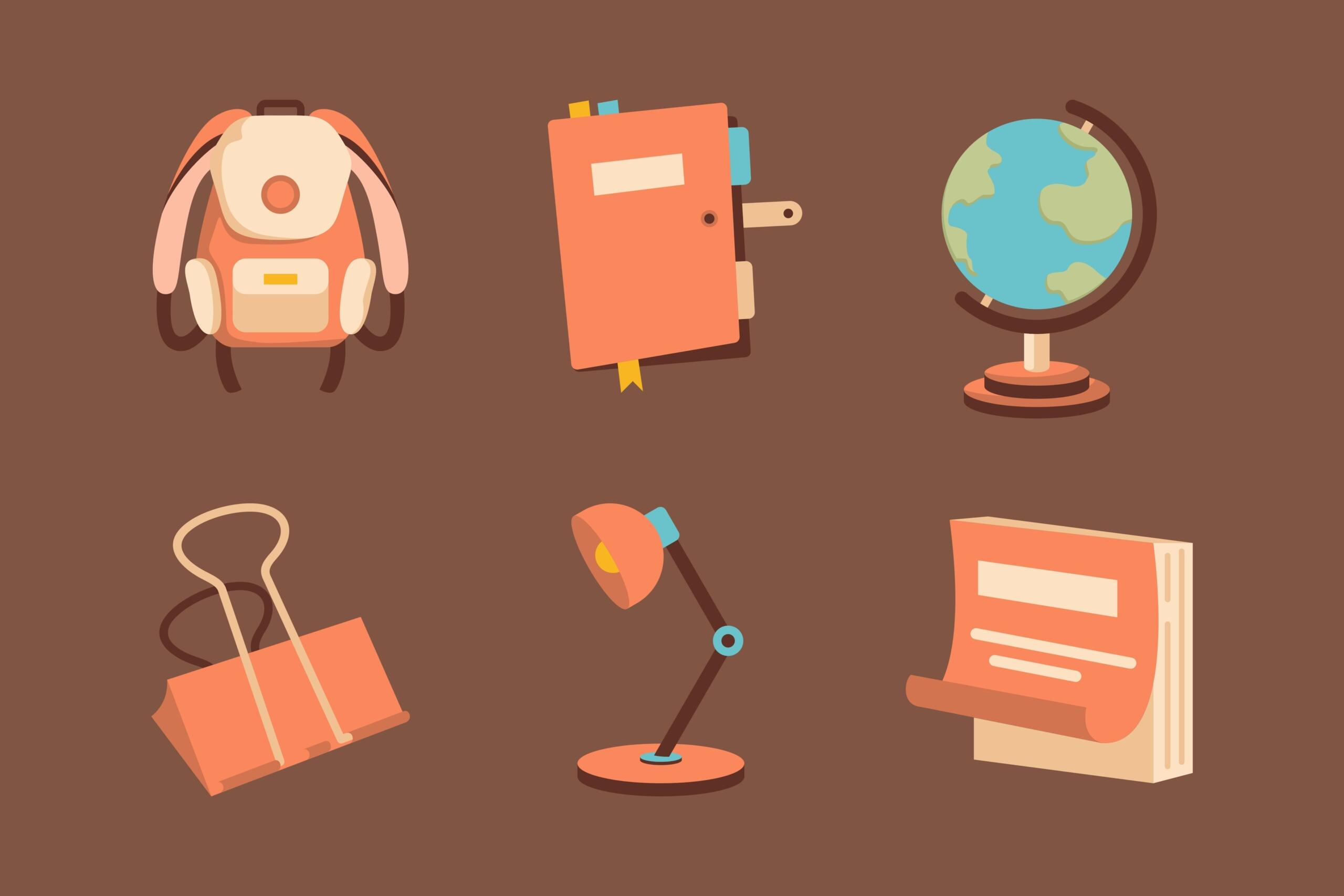 Una colección de material escolar: una mochila, un cuaderno, un globo terráqueo, una carpeta, una lámpara y notas adhesivas sobre un fondo marrón.