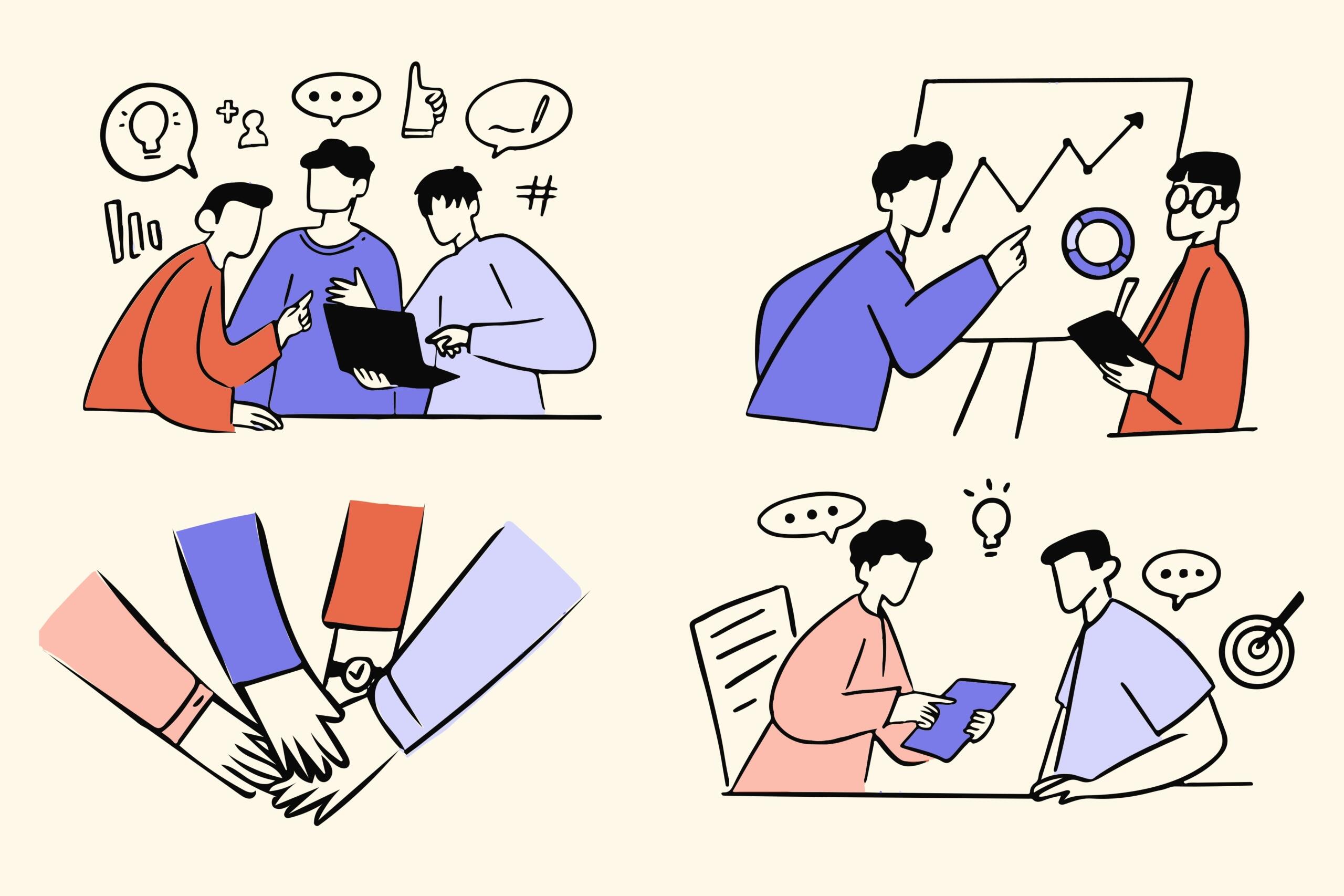 Cuatro ejemplos de trabajo en equipo: debatir ideas, presentar datos, colaborar y compartir opiniones en una reunión.